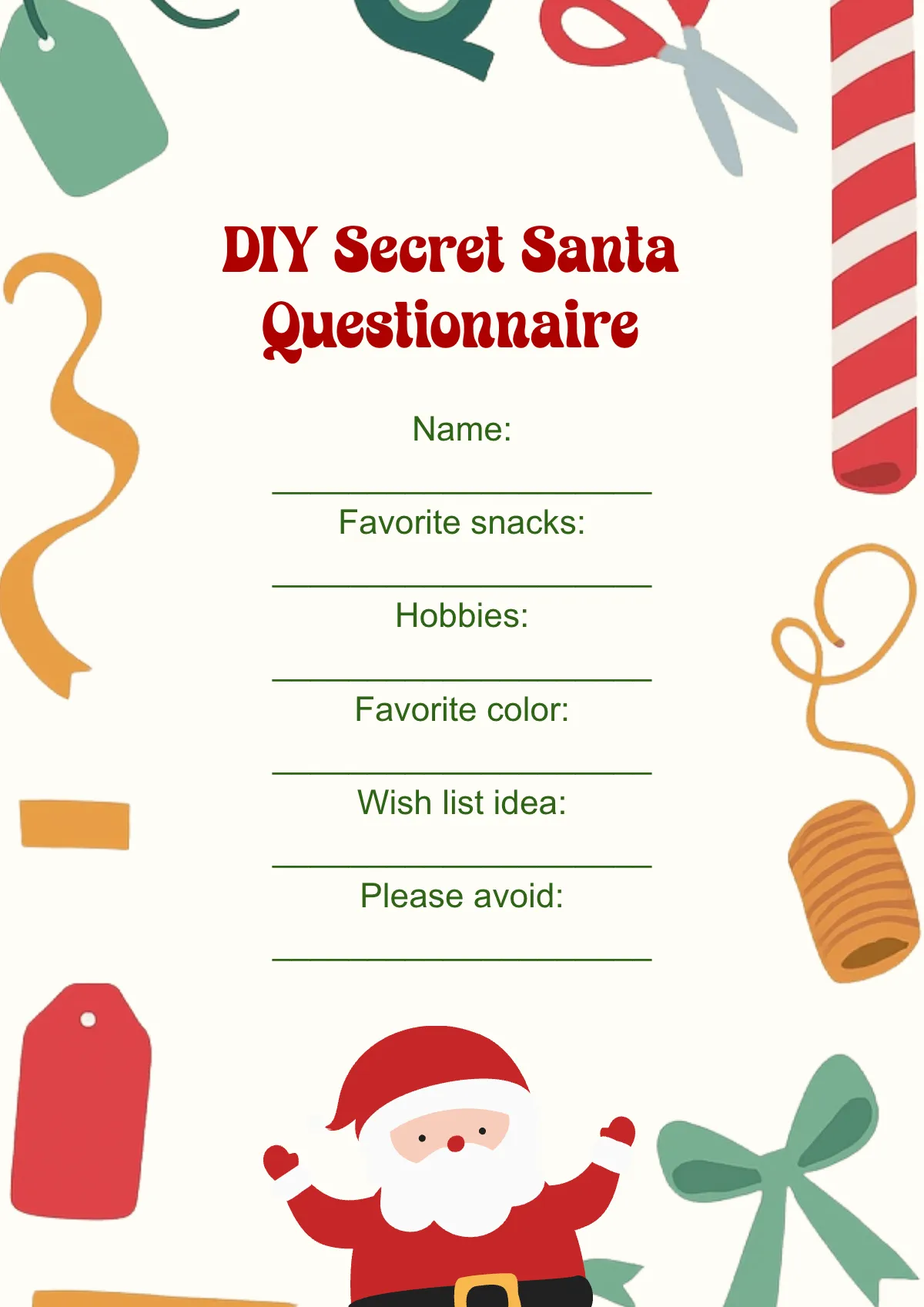 Free DIY Secret Santa Questionnaire Template to Edit Online Free DIY Secret Santa Questionnaire Template to Edit Online