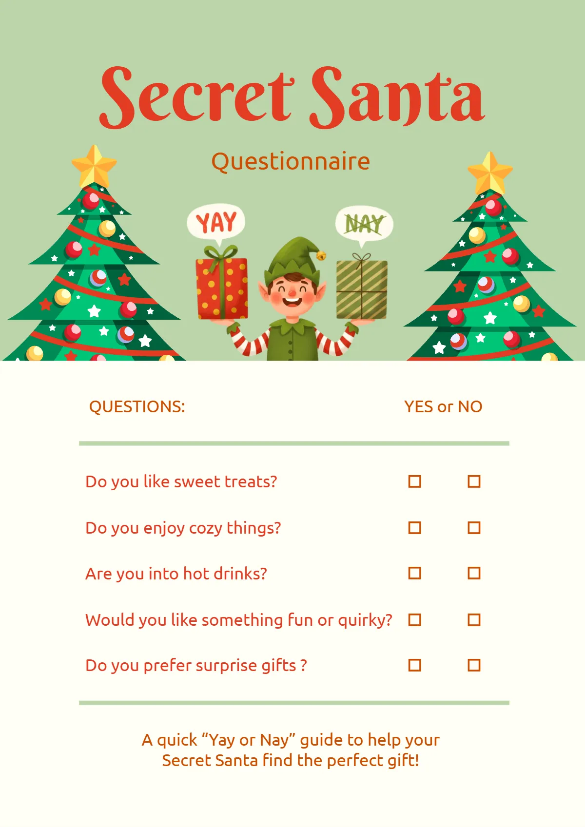 Free Yay or Nay Secret Santa Questionnaire Template to Edit Online