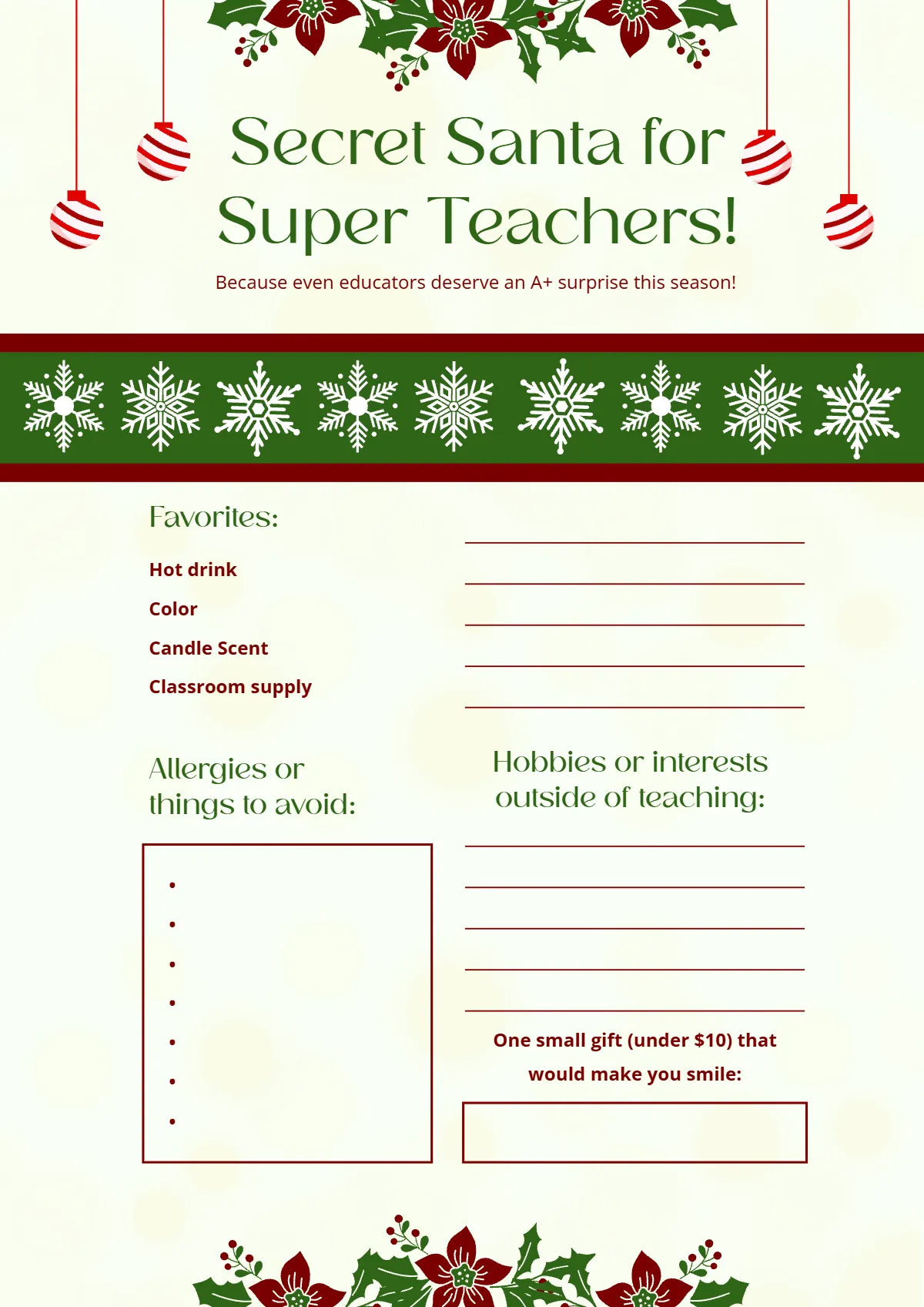 Free Teachers Secret Santa Gift Questionnaire Template to Edit Online