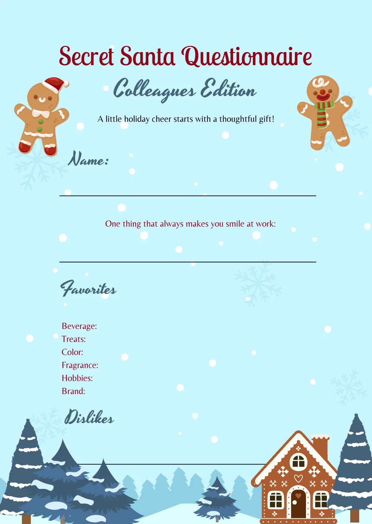 Free Colleague Gift Guide Secret Santa Questionnaire Template to Edit Online