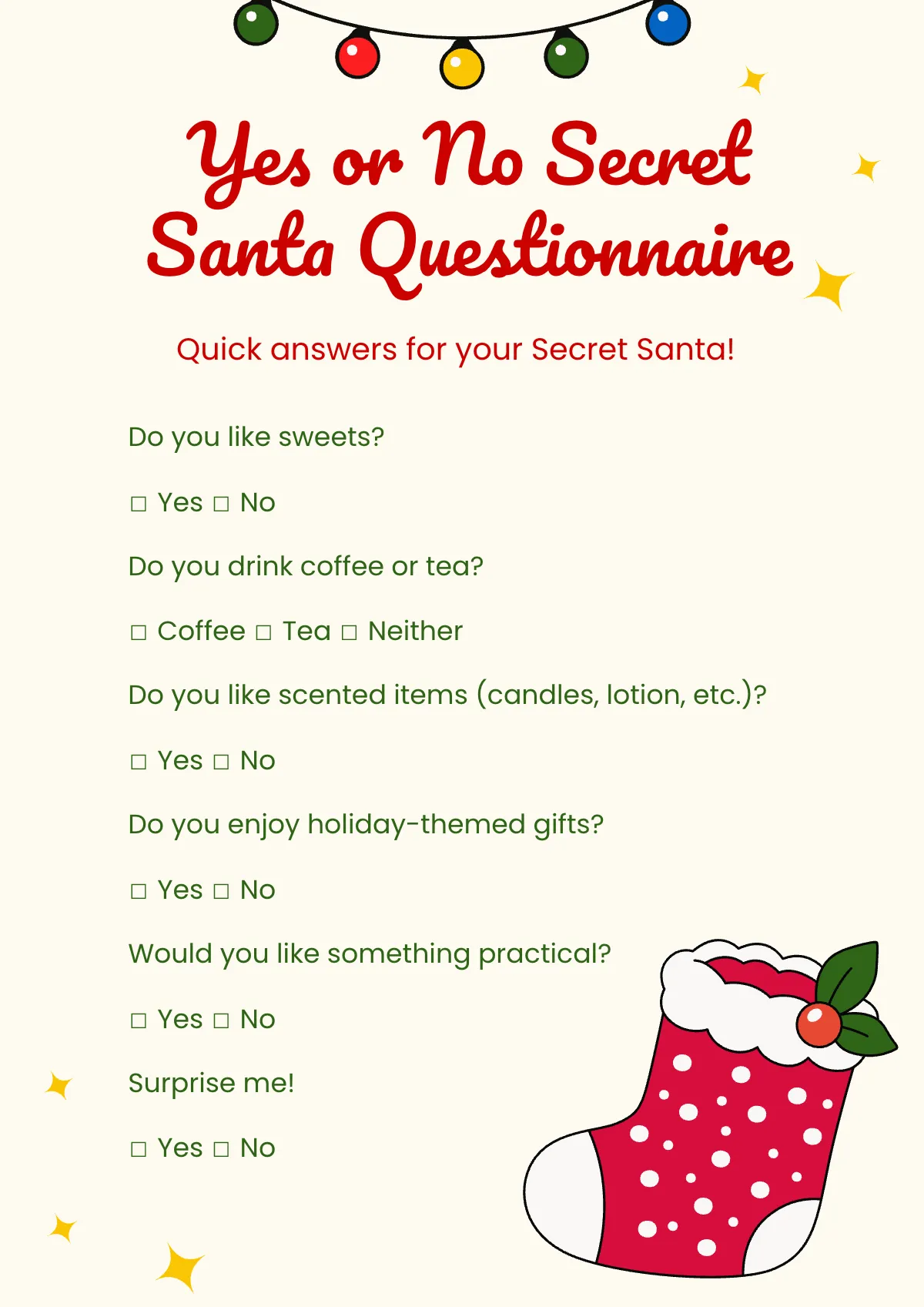 Free Yes or No Secret Santa Questionnaire Template to Edit Online Free Yes or No Secret Santa Questionnaire Template to Edit Online