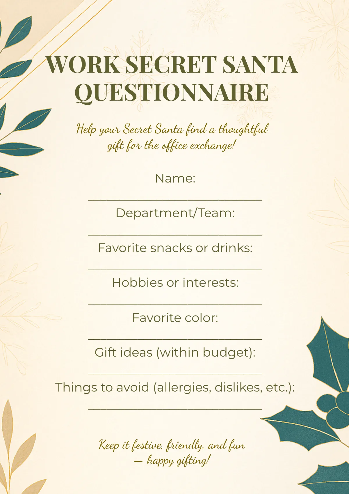 Free Work Secret Santa Questionnaire Template to Edit Online Free Work Secret Santa Questionnaire Template to Edit Online