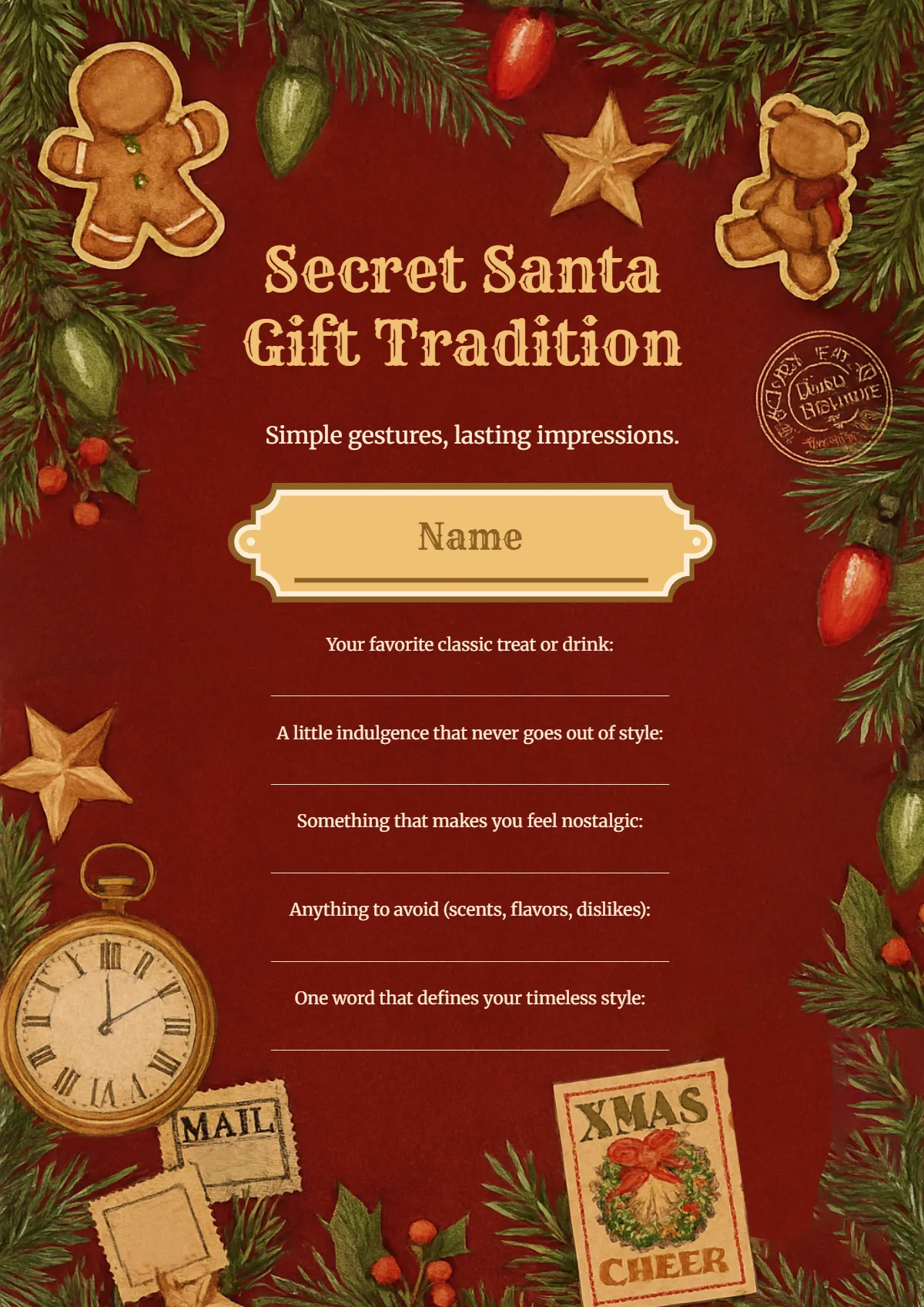 Free Timeless Secret Santa Questionnaire Template to Edit Online