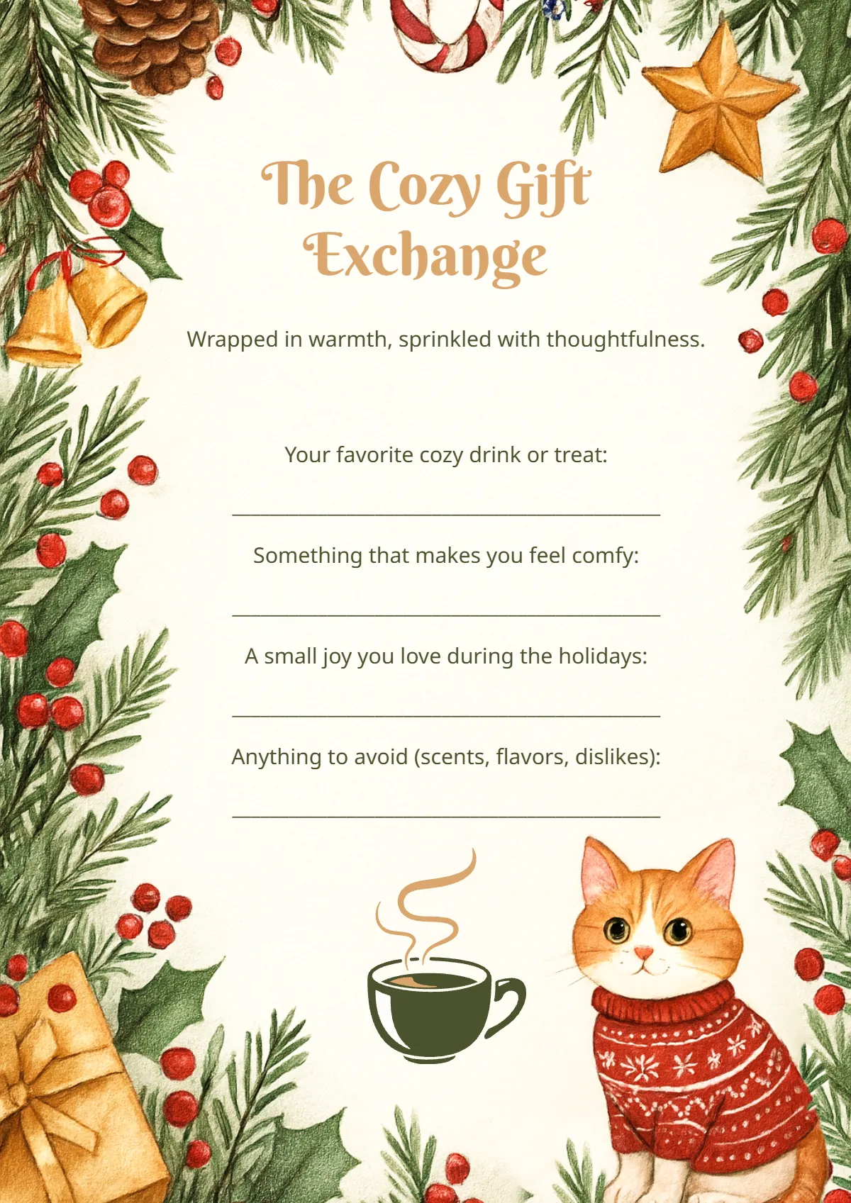 Free Warm & Fuzzy Secret Santa Questionnaire Template to Edit Online