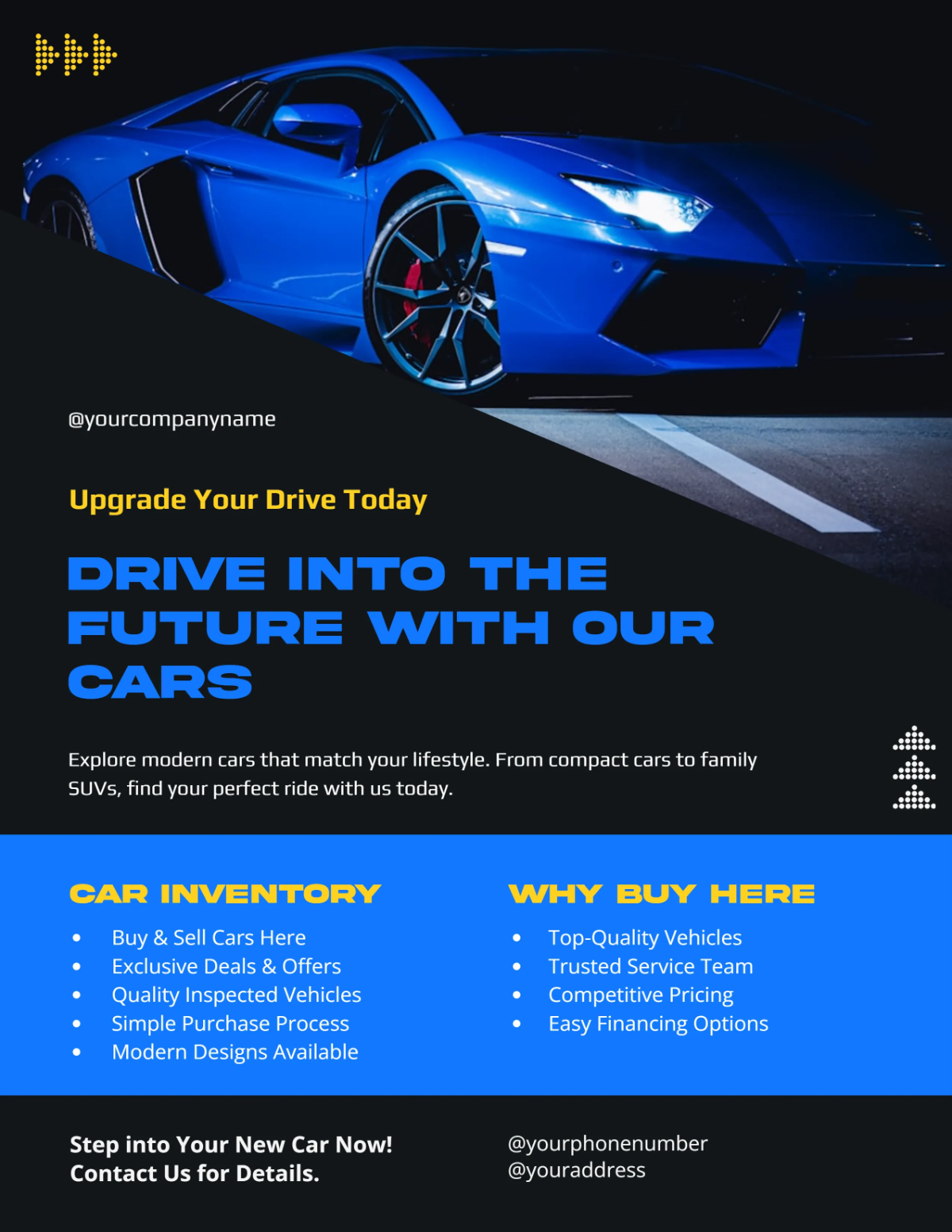 Free Modern Showroom Car For Sale Flyer Template to Edit Online