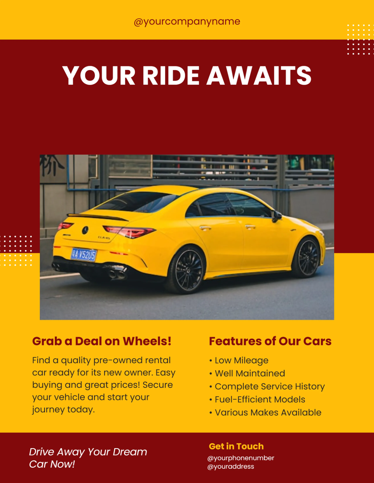 Free Yellow Rental Car For Sale Flyer Template to Edit Online