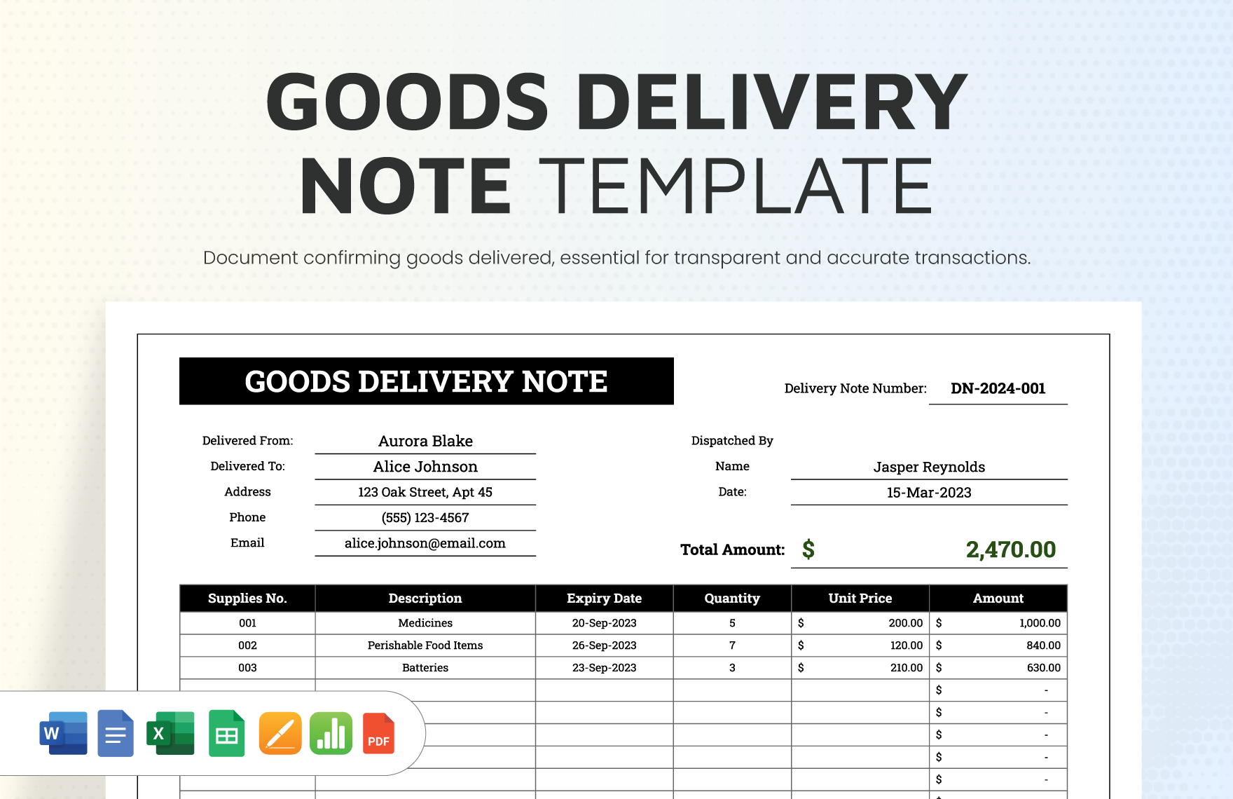 Goods Delivery Note Template in Word, Google Docs, Excel, PDF, Google Sheets, Apple Pages, Apple Numbers