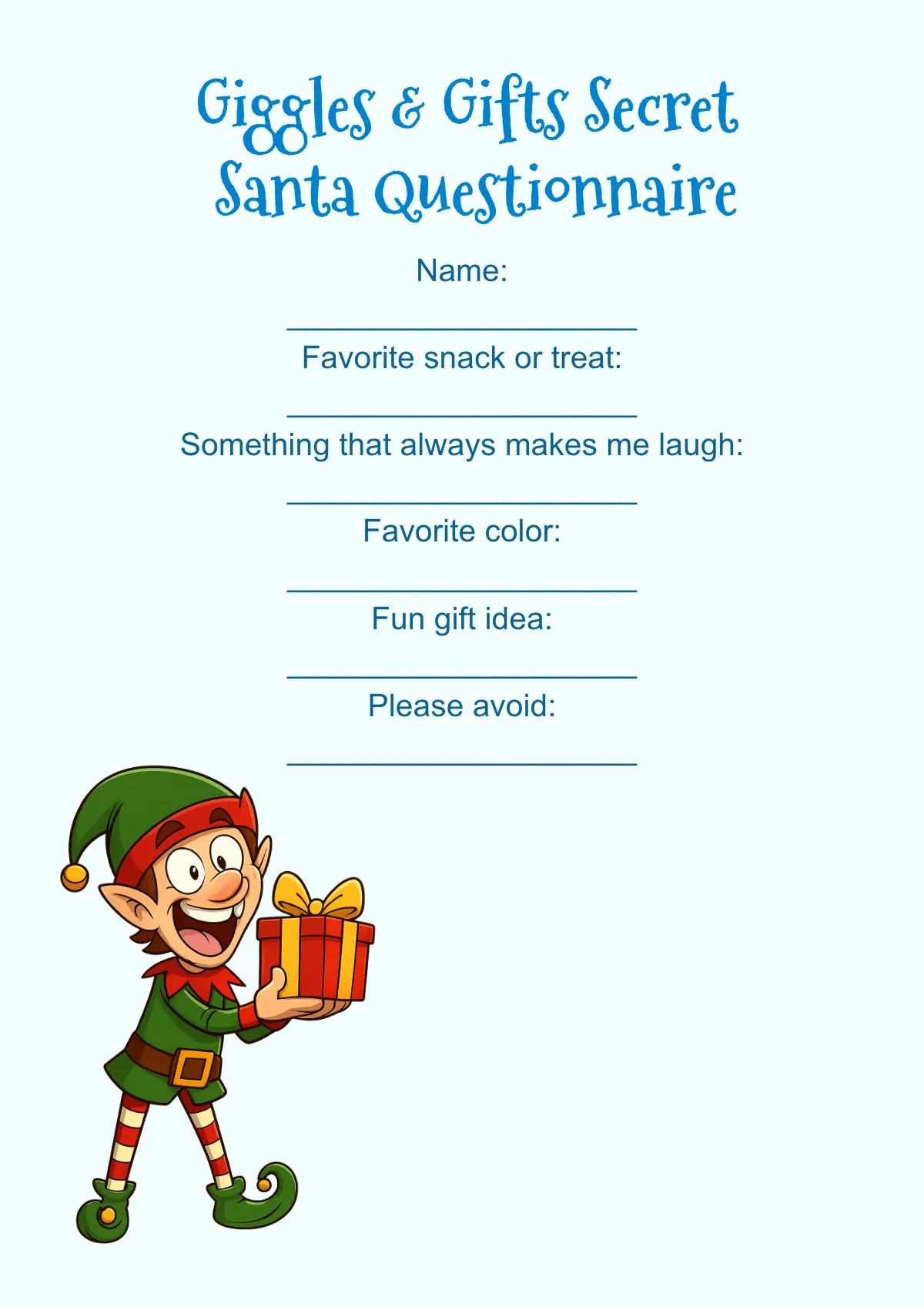 Free Giggles & Gifts Secret Santa Questionnaire Template to Edit Online