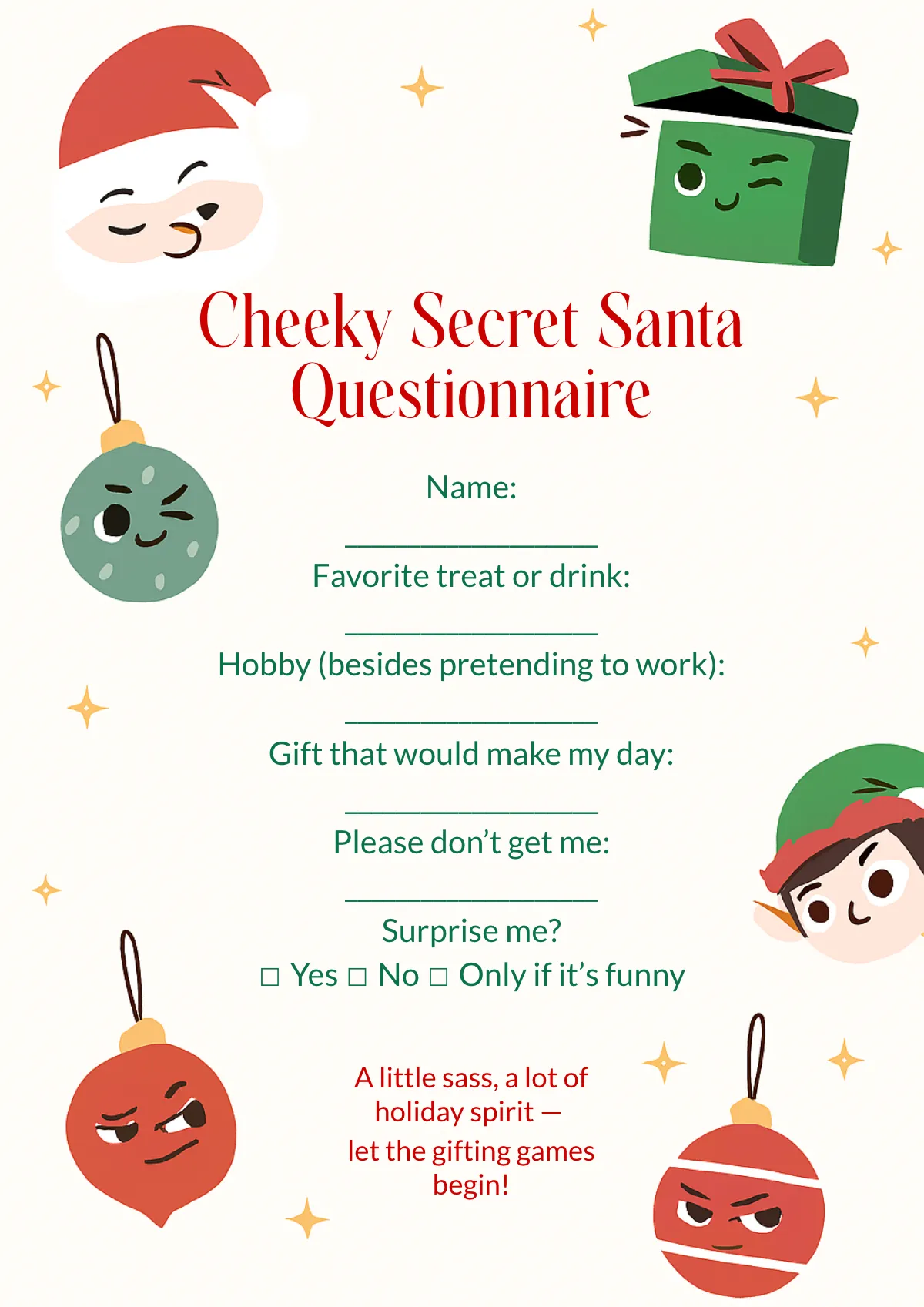 Free Cheeky Secret Santa Questionnaire Template to Edit Online