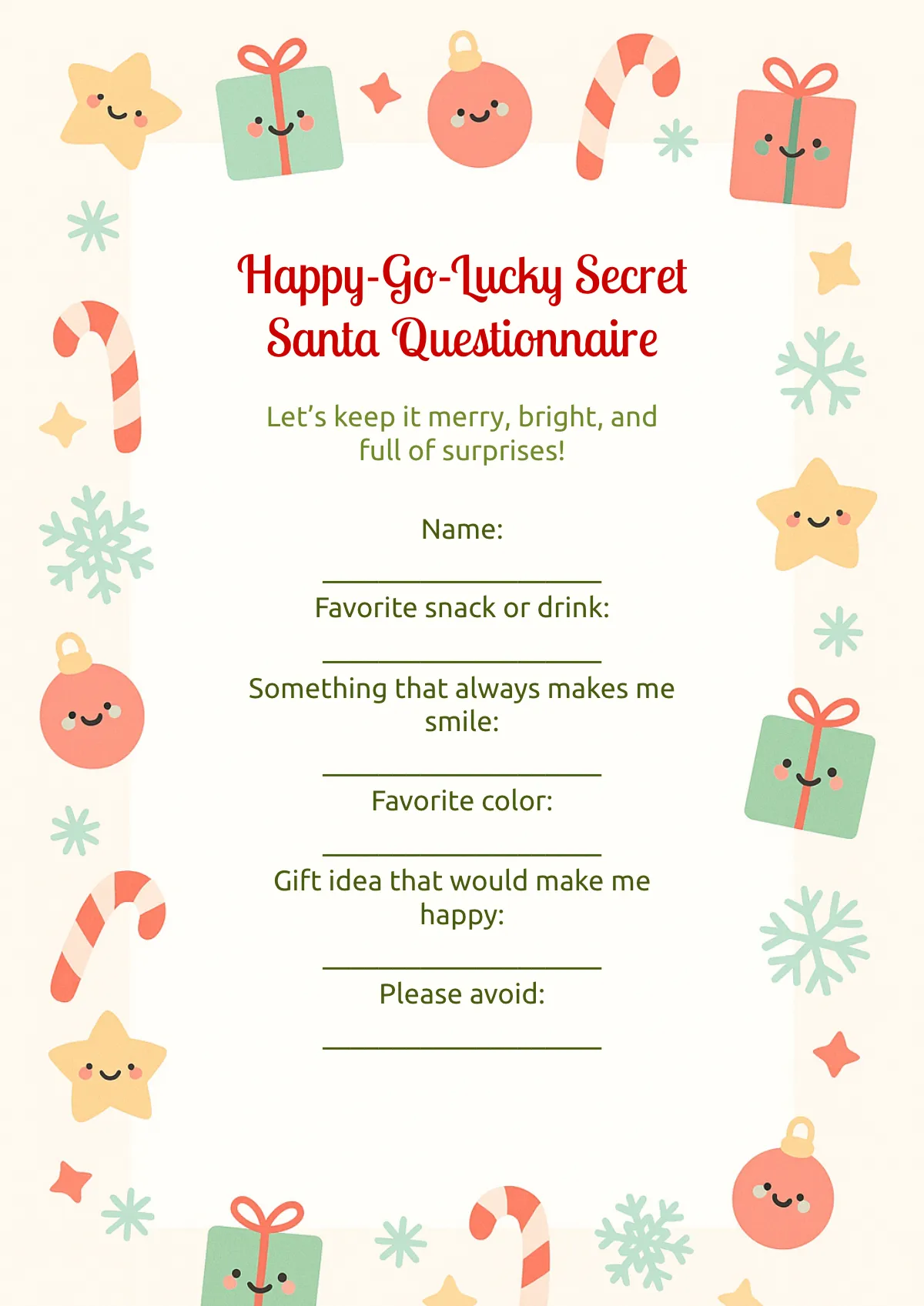 Free Happy-Go-Lucky Secret Santa Questionnaire Template to Edit Online