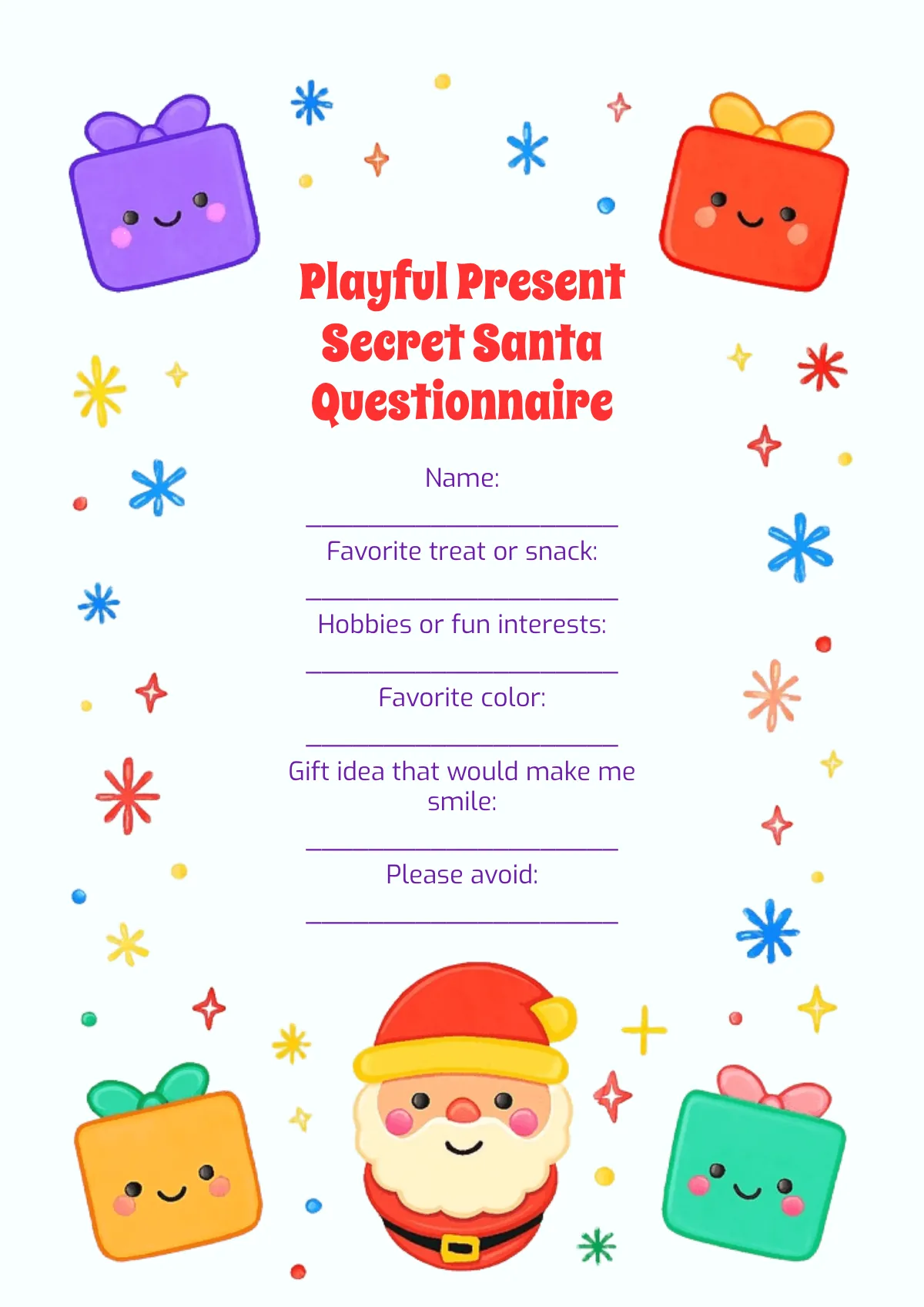 Free Playful Present Secret Santa Questionnaire Template to Edit Online
