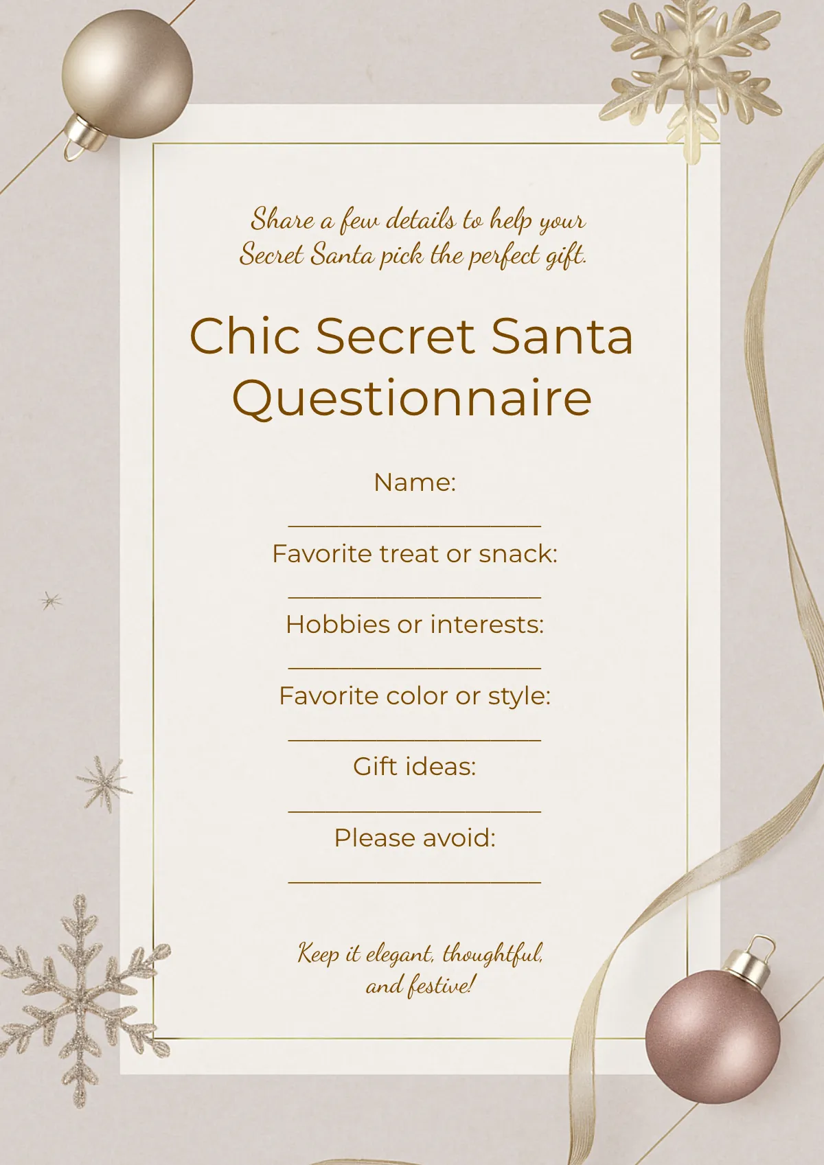Free Chic Secret Santa Questionnaire Template to Edit Online