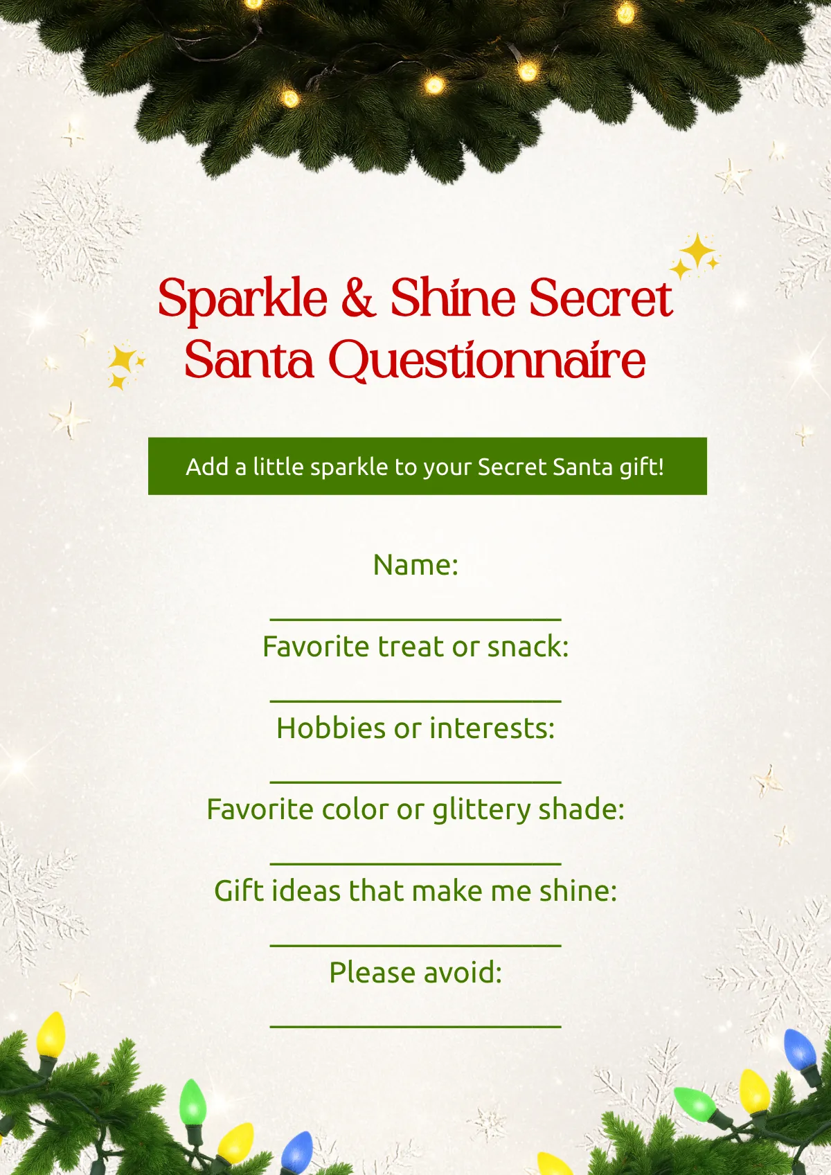 Free Sparkle & Shine Secret Santa Questionnaire Template to Edit Online