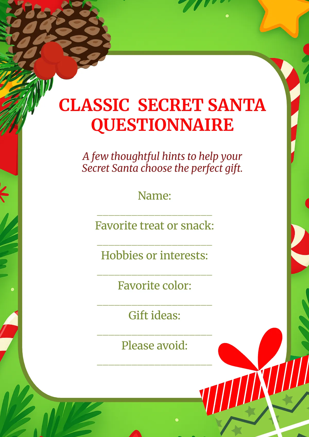 Free Classic  Secret Santa Questionnaire Template to Edit Online