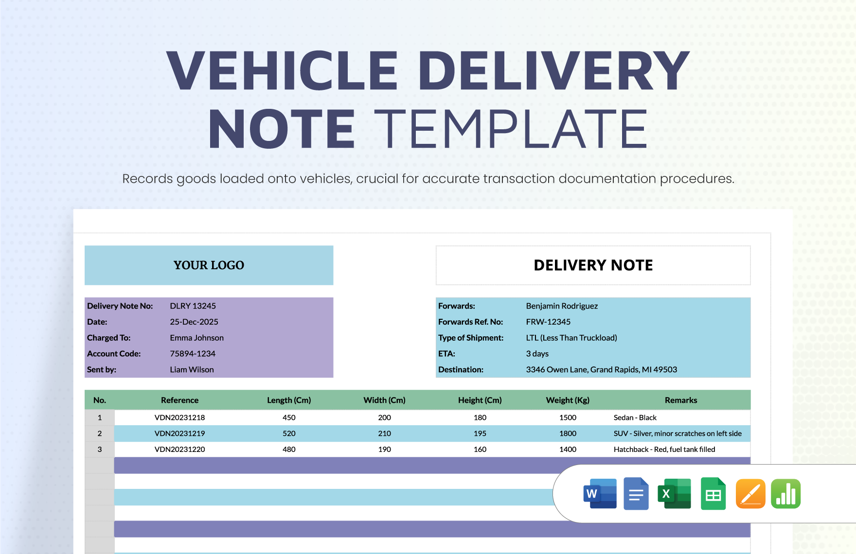 Vehicle Delivery Note Template