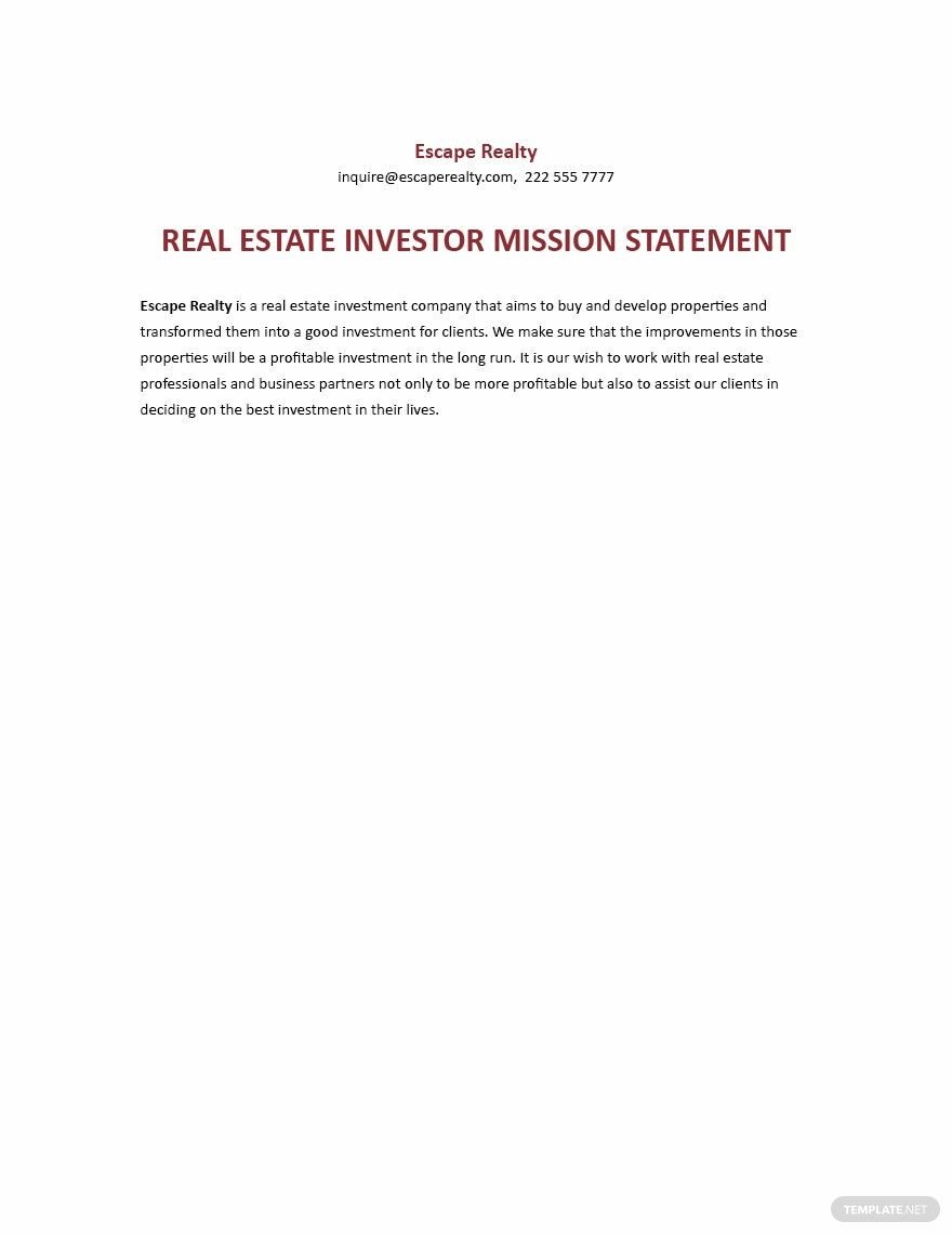 Real Estate Investor Mission Statement Template