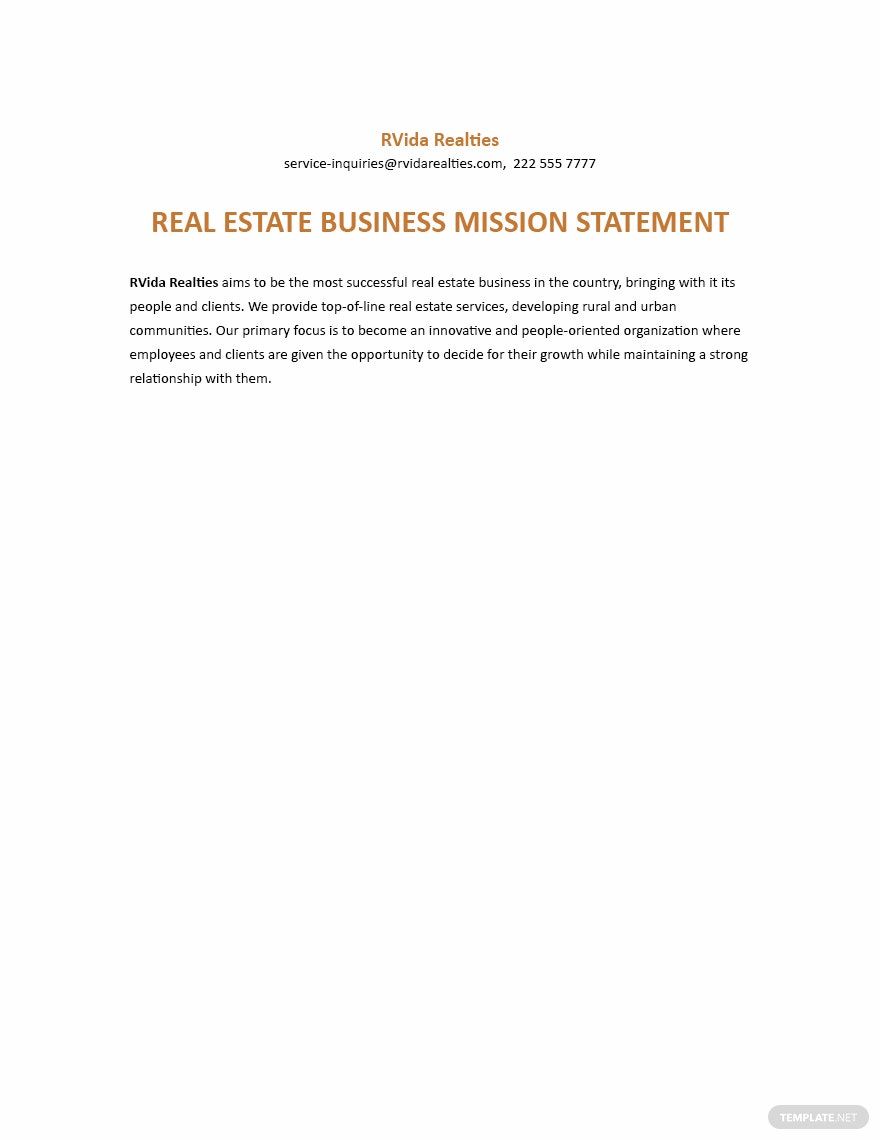 Real Estate Business Mission Statement Template