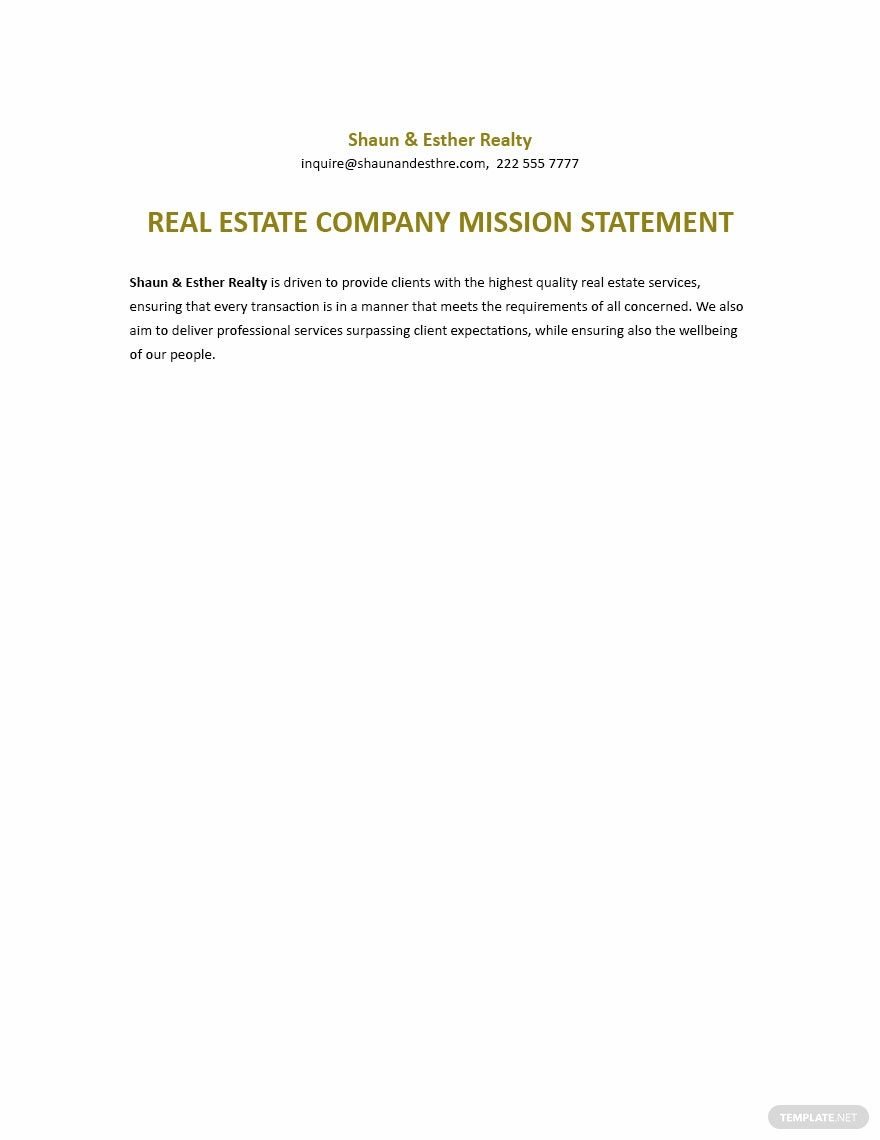 Real Estate Company Sample Mission Statement Template