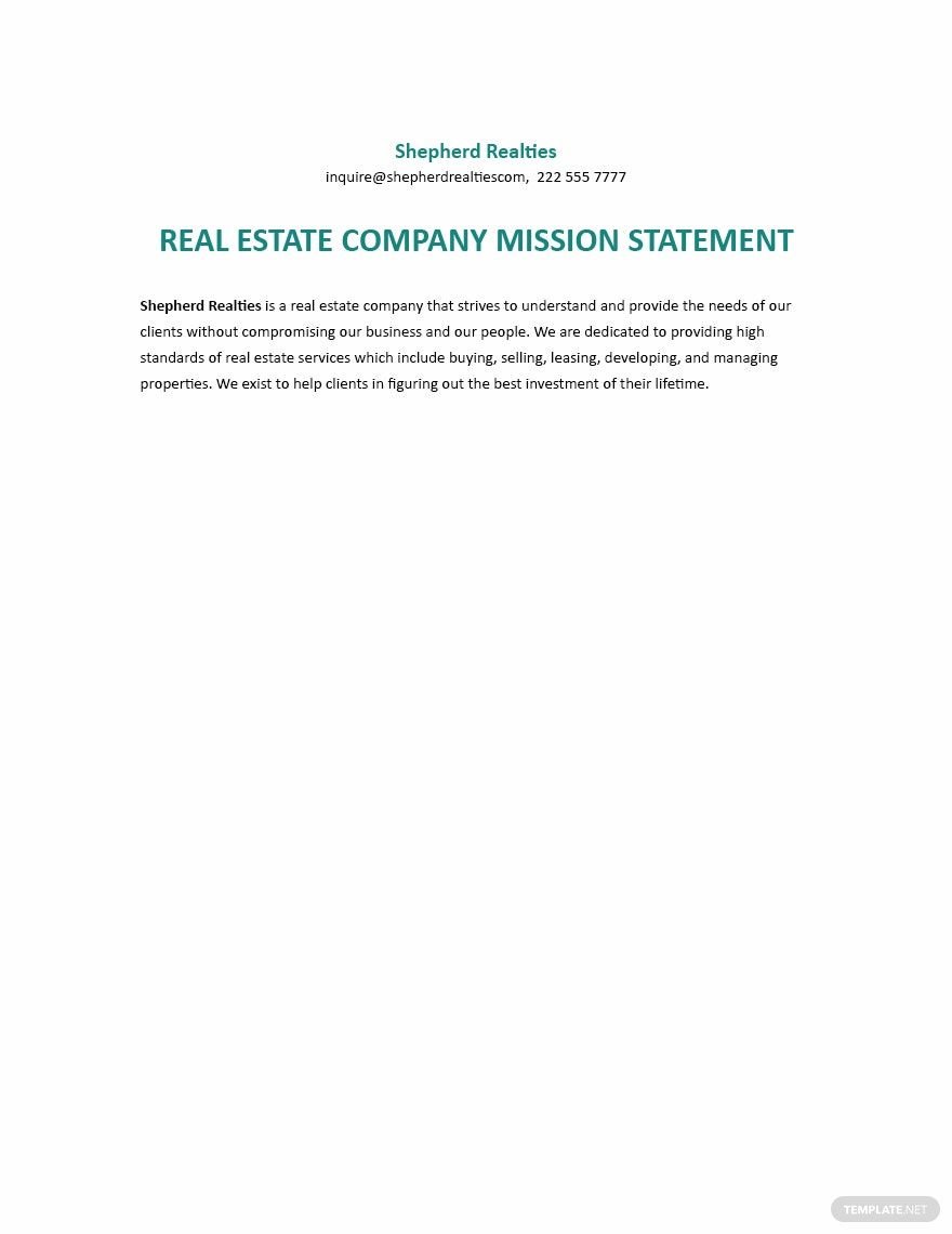 Free Real Estate Company Sample Mission Statement Template