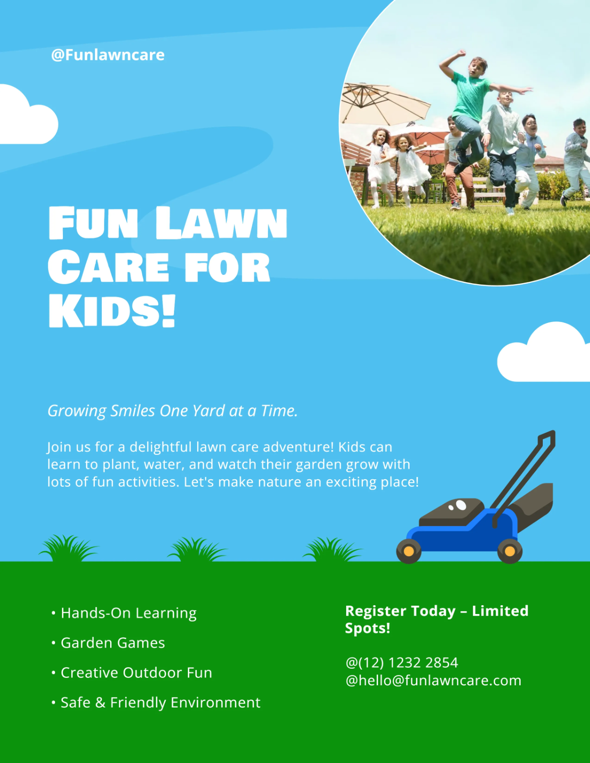 Free Colorful Kids Lawn Care Flyer Template to Edit Online