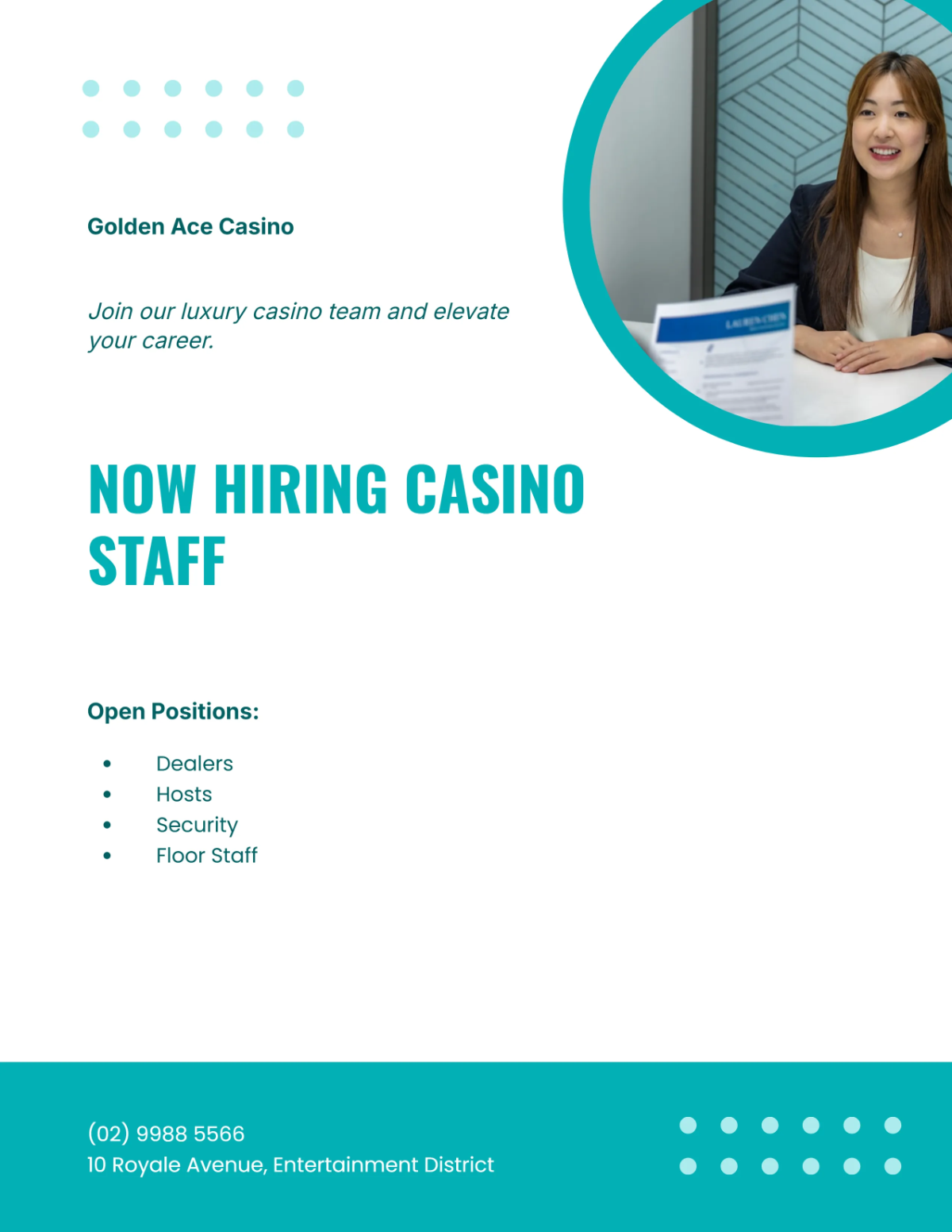 Free Modern Casino Hiring Flyer Template to Edit Online