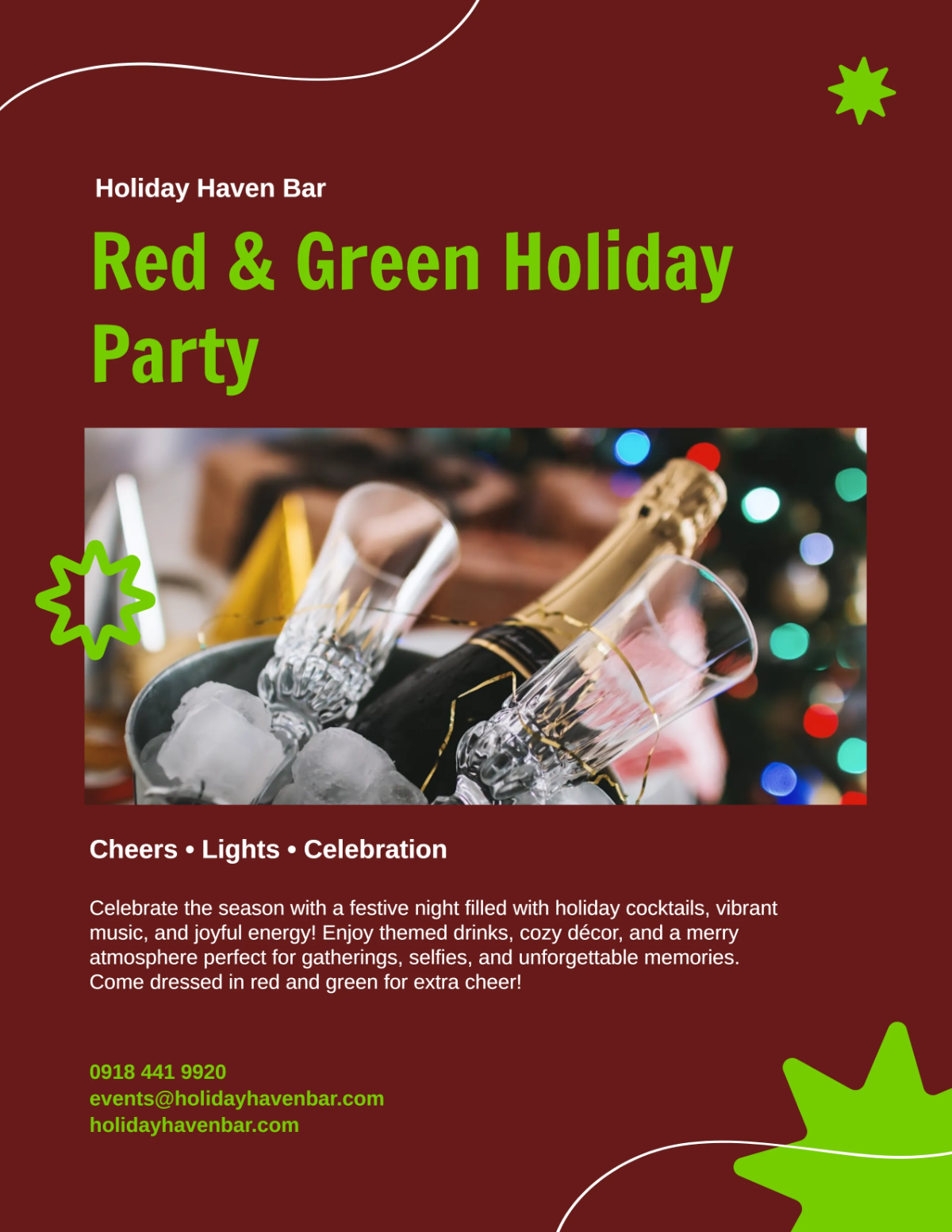 Free Red and Green Holiday Party Bar Flyer Template to Edit Online
