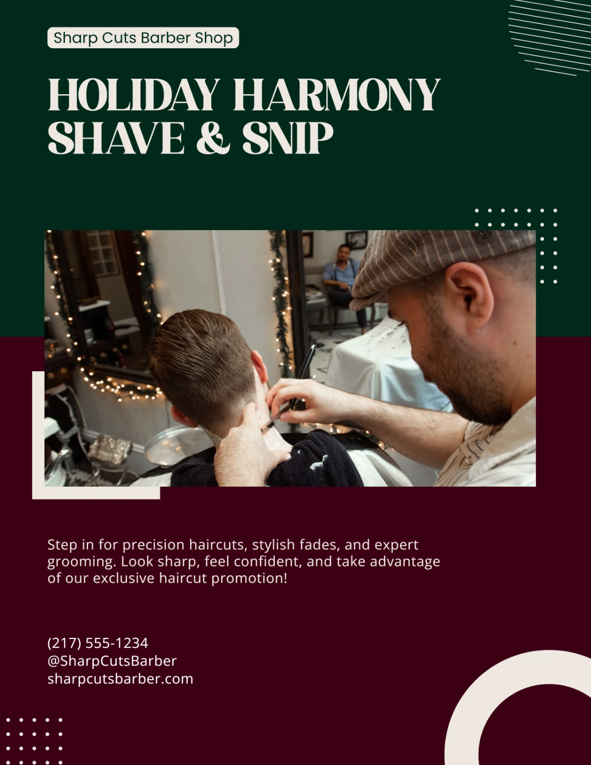 Free Red and Green Holiday Special Barber Shop Flyer Template to Edit Online