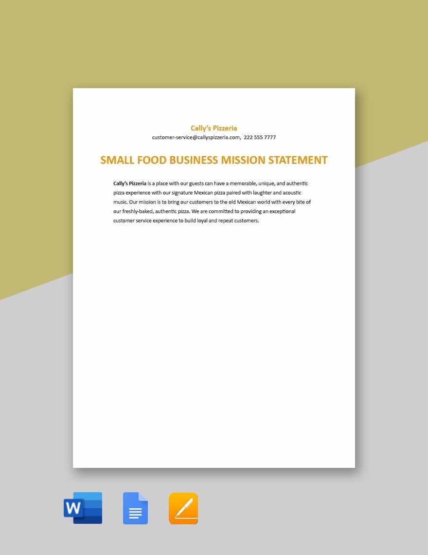 Small Food Business Mission Statement Example Template