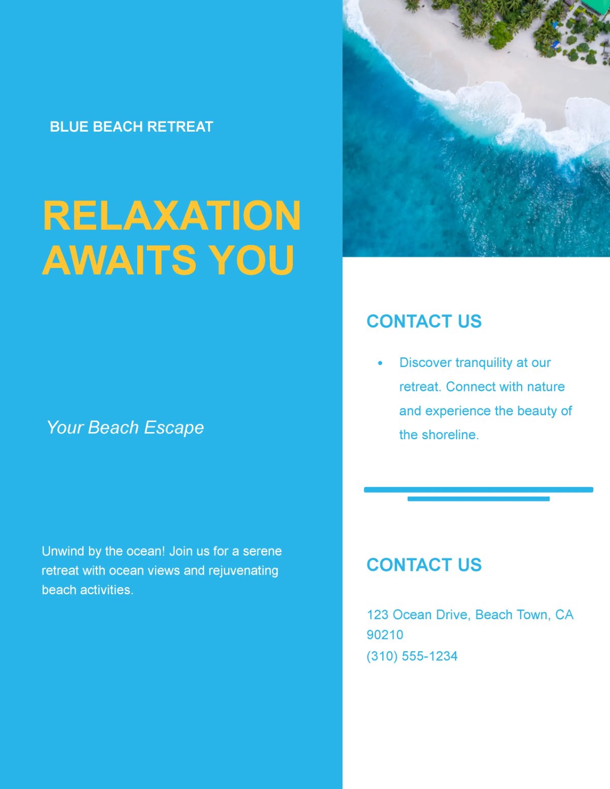 Free Blue Beach Retreat Flyer Template to Edit Online