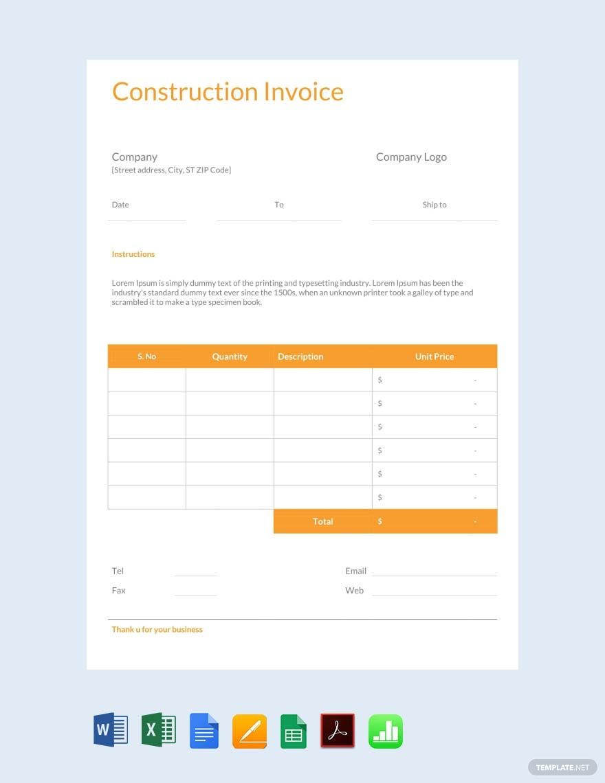 Construction Invoice Templates in Google Sheets, Google Docs, Excel, Word, Pages, Apple Numbers, PDF - Download | Template.net