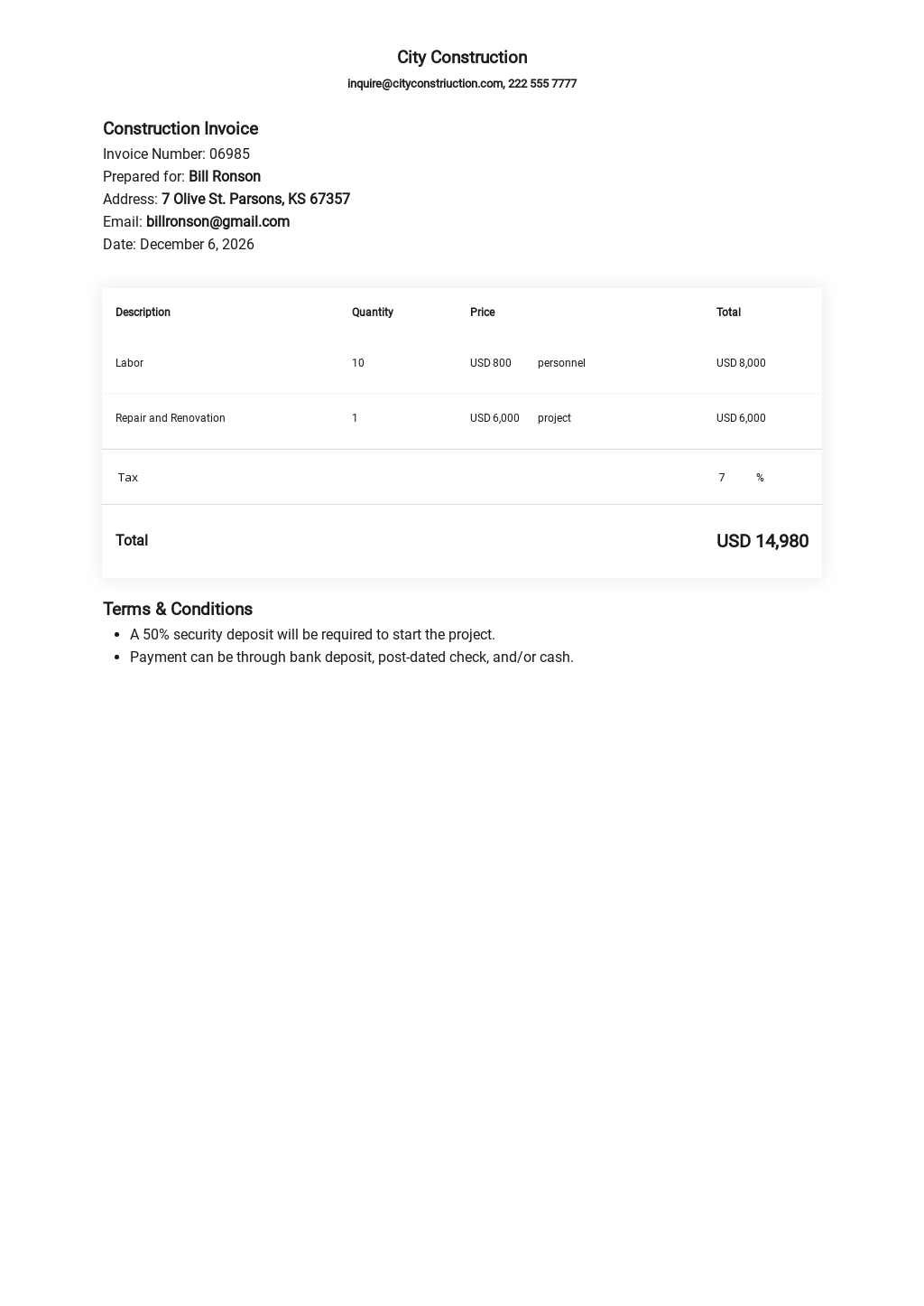 FREE Construction Invoice Template in Microsoft Word (DOC)