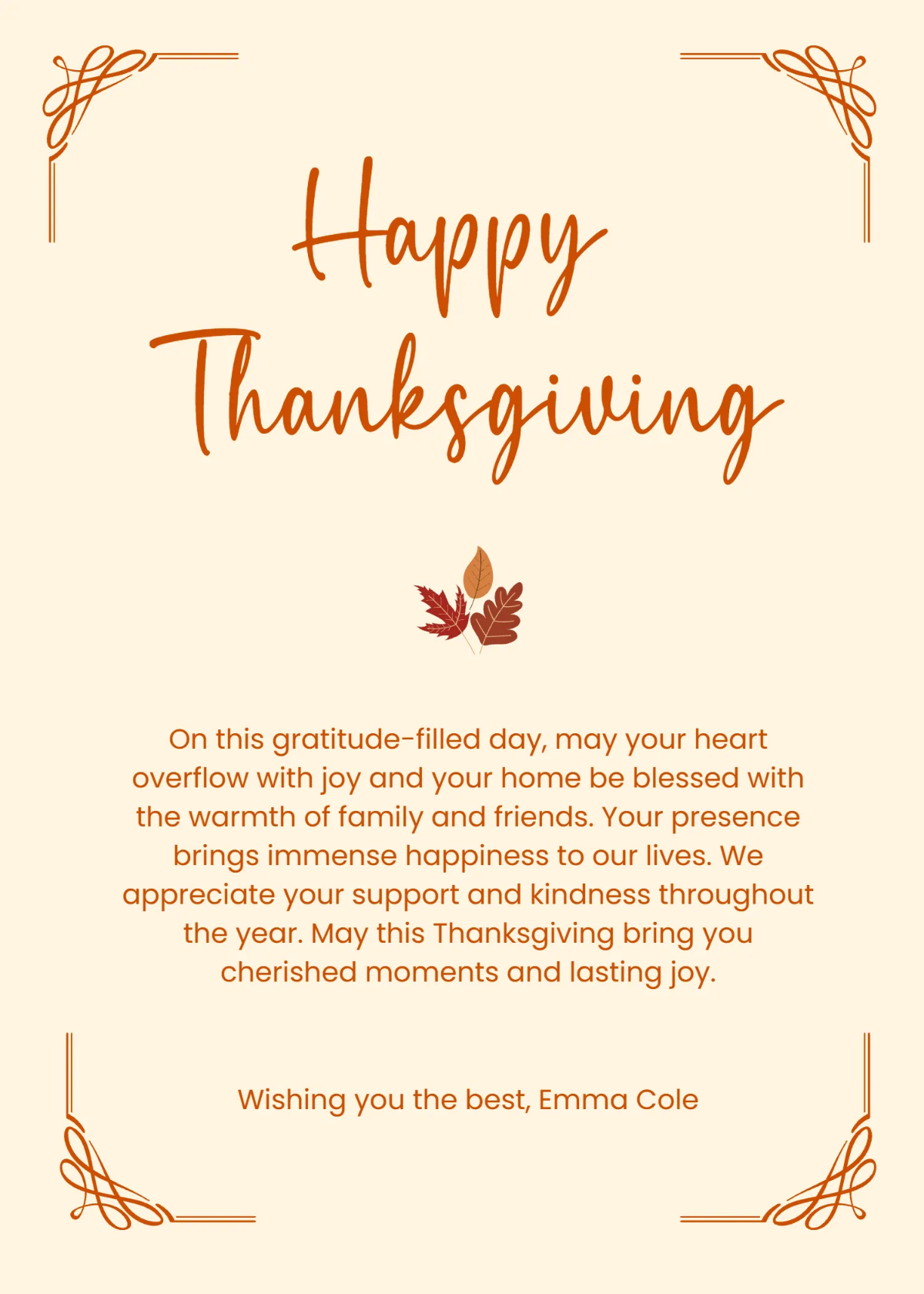 Free Heartfelt Thanksgiving Wishes Template to Edit Online