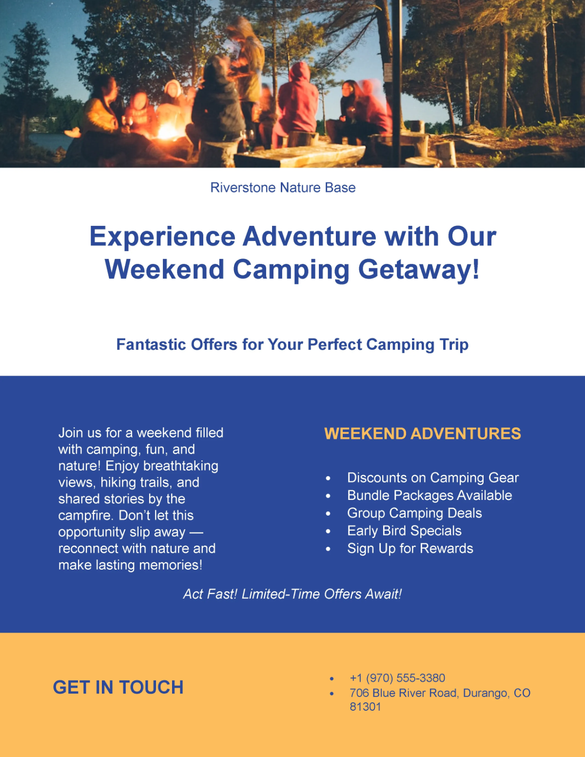 Free Weekend Getaway Camping Flyer Template to Edit Online