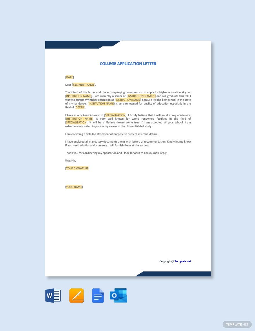 College Application Letter Template in Word, Google Docs, PDF, Apple Pages, Outlook