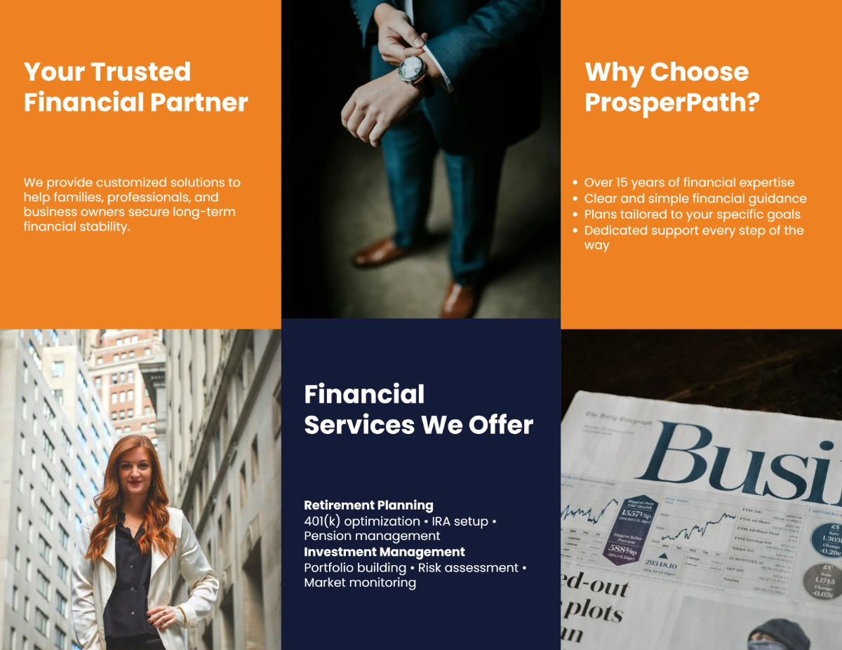 Free Financial Advisor Tri-Fold Brochure Template to Edit Online