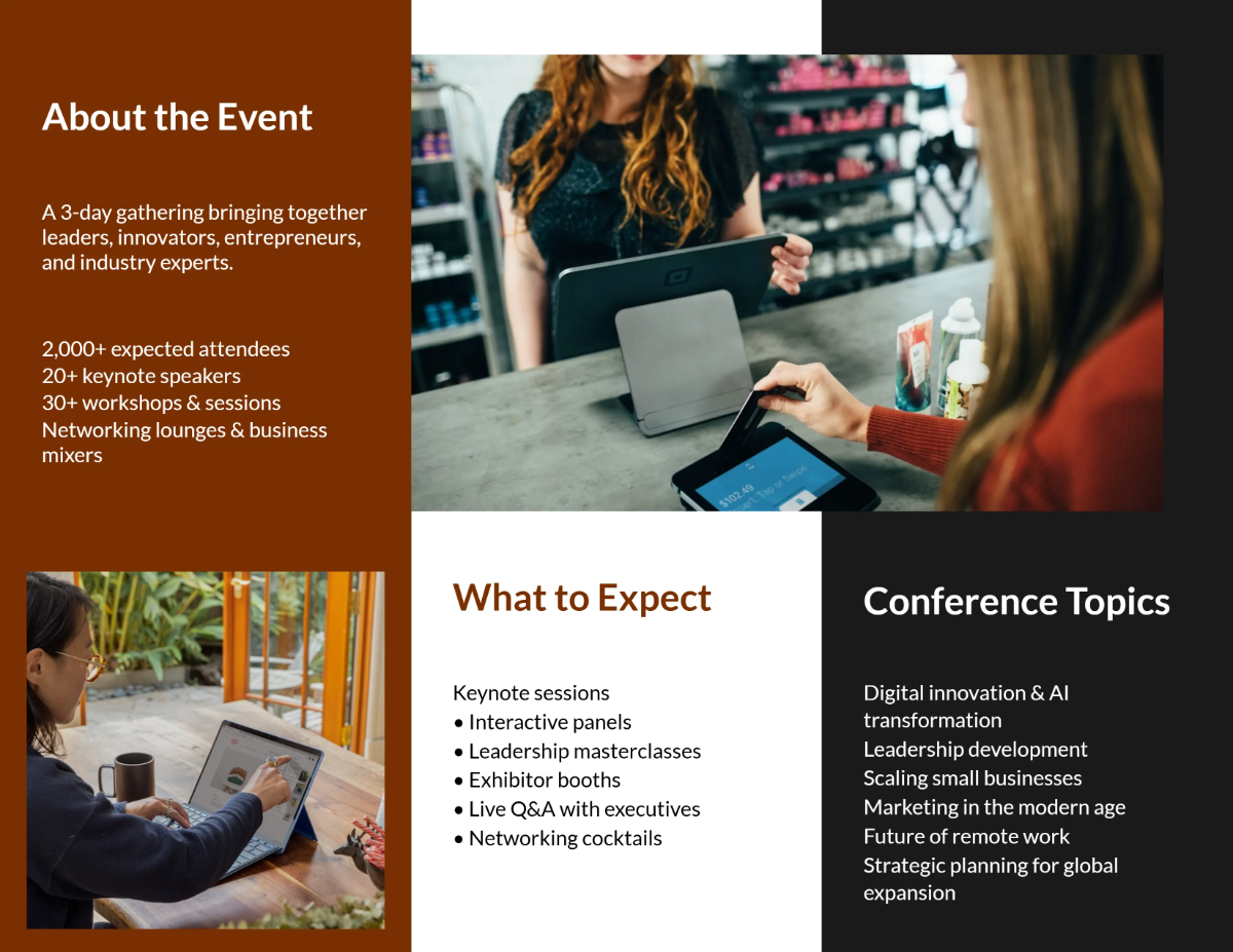 Free Business Conference Tri Fold Brochure Template to Edit Online