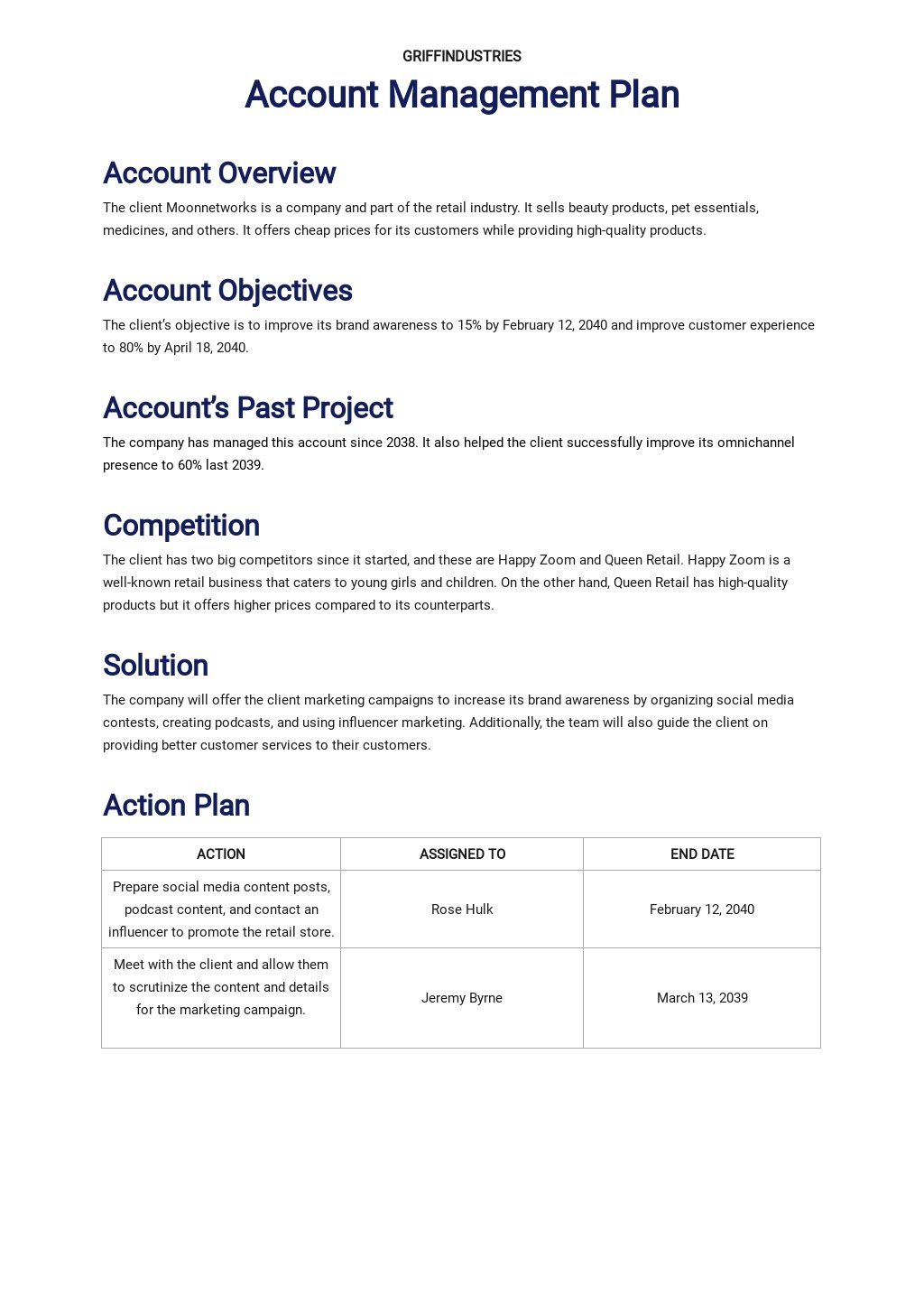 Account Management Action Plan Template Google Docs Word Apple