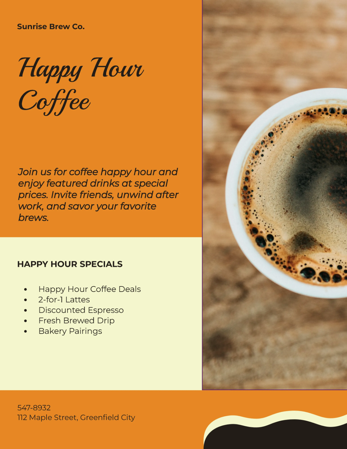 Free Happy Hour Coffee Shop Flyer Template to Edit Online