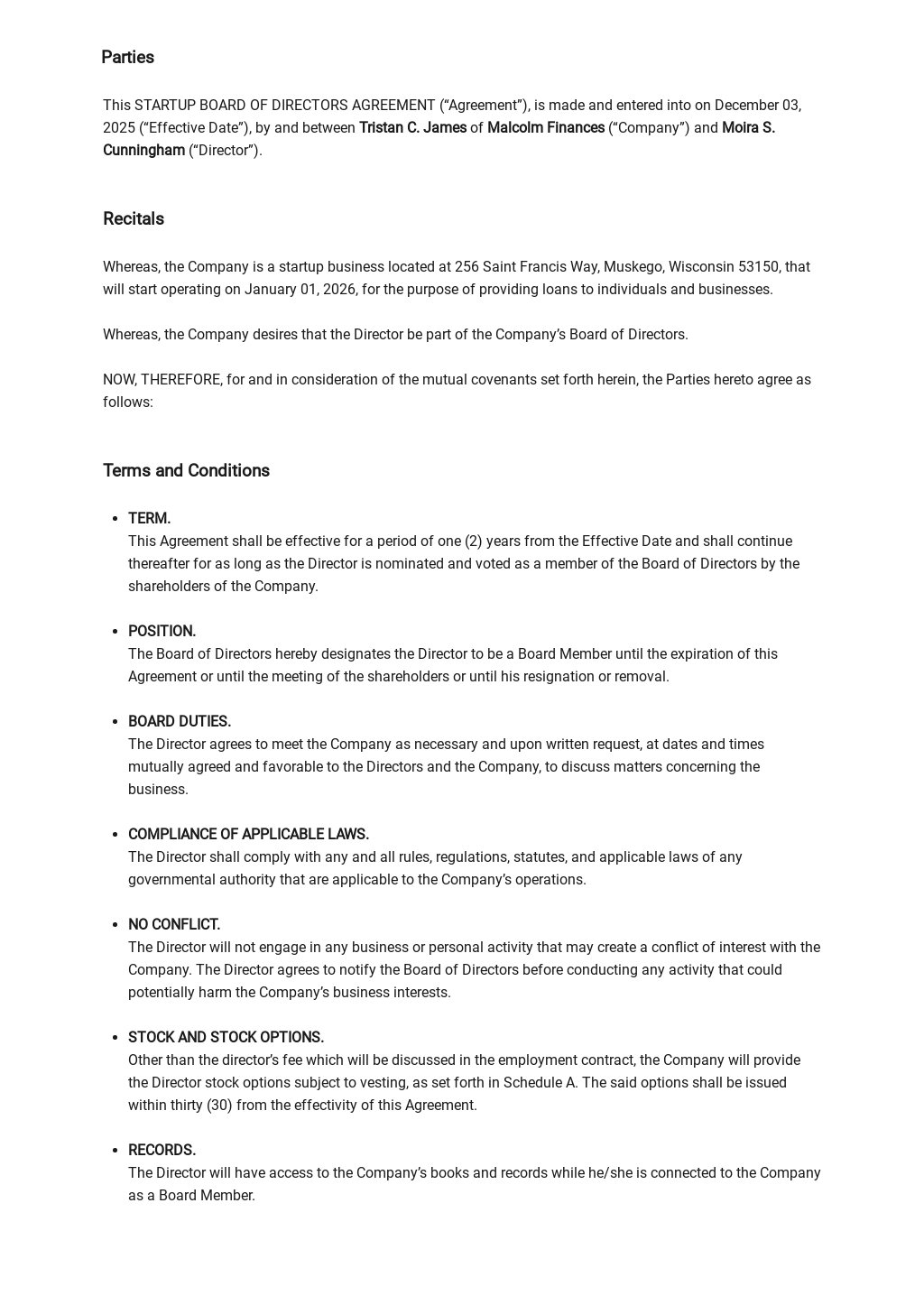 FREE Startup Board of Directors Agreement Template in Google Docs, Word