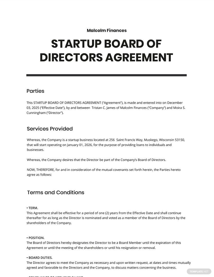 Free Startup Board of Directors Agreement Template Google Docs Word