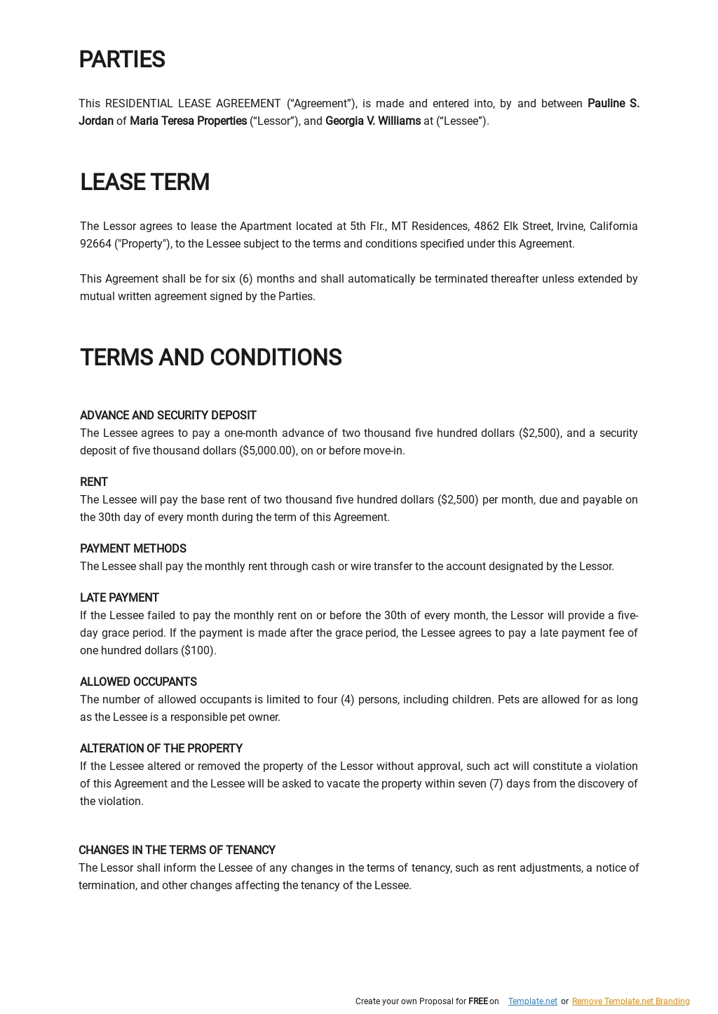 Standard Residential Lease Agreement Template in Word