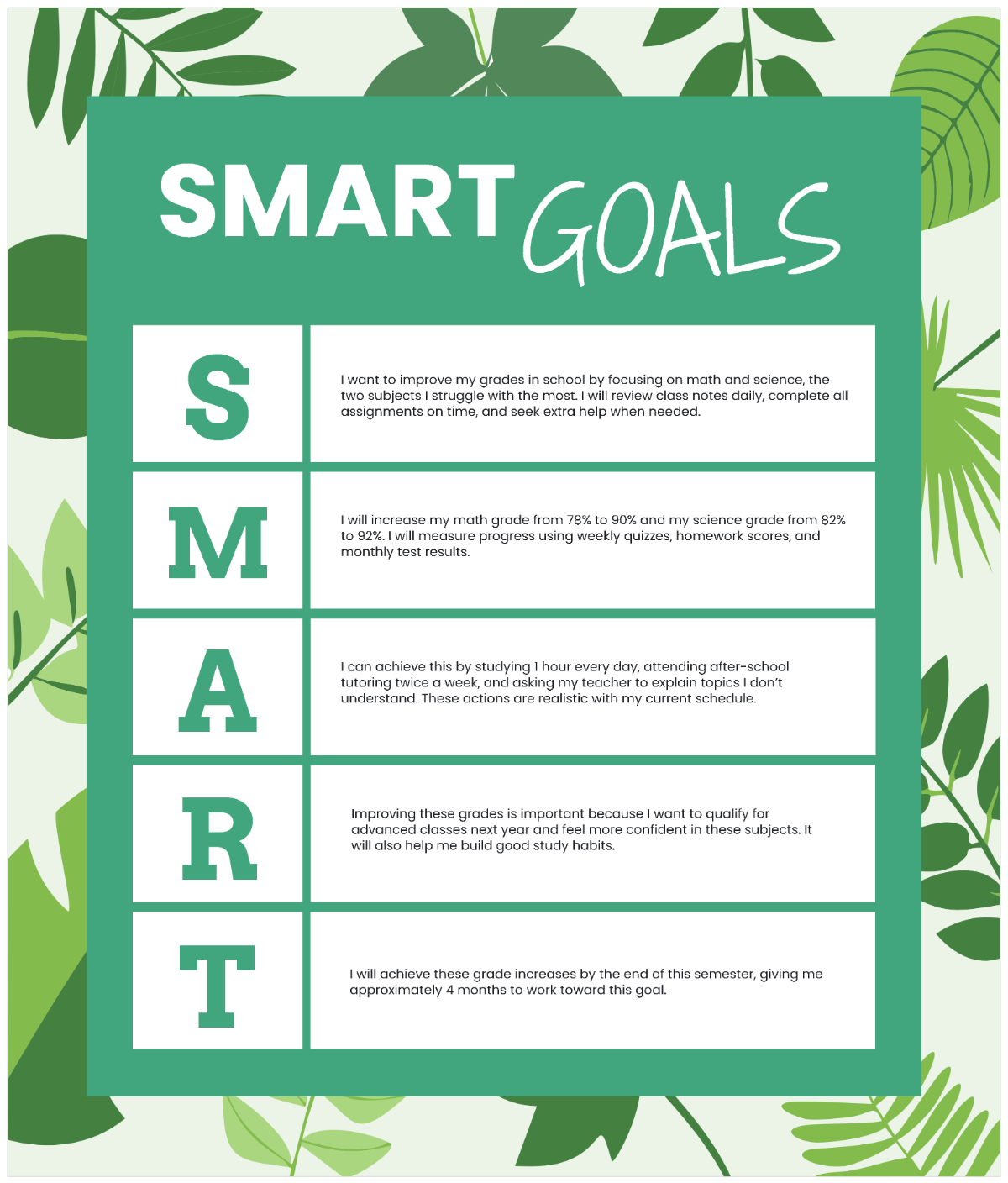 Free SMART Goals SEL Worksheet Green White Leaves Style Template to Edit Online