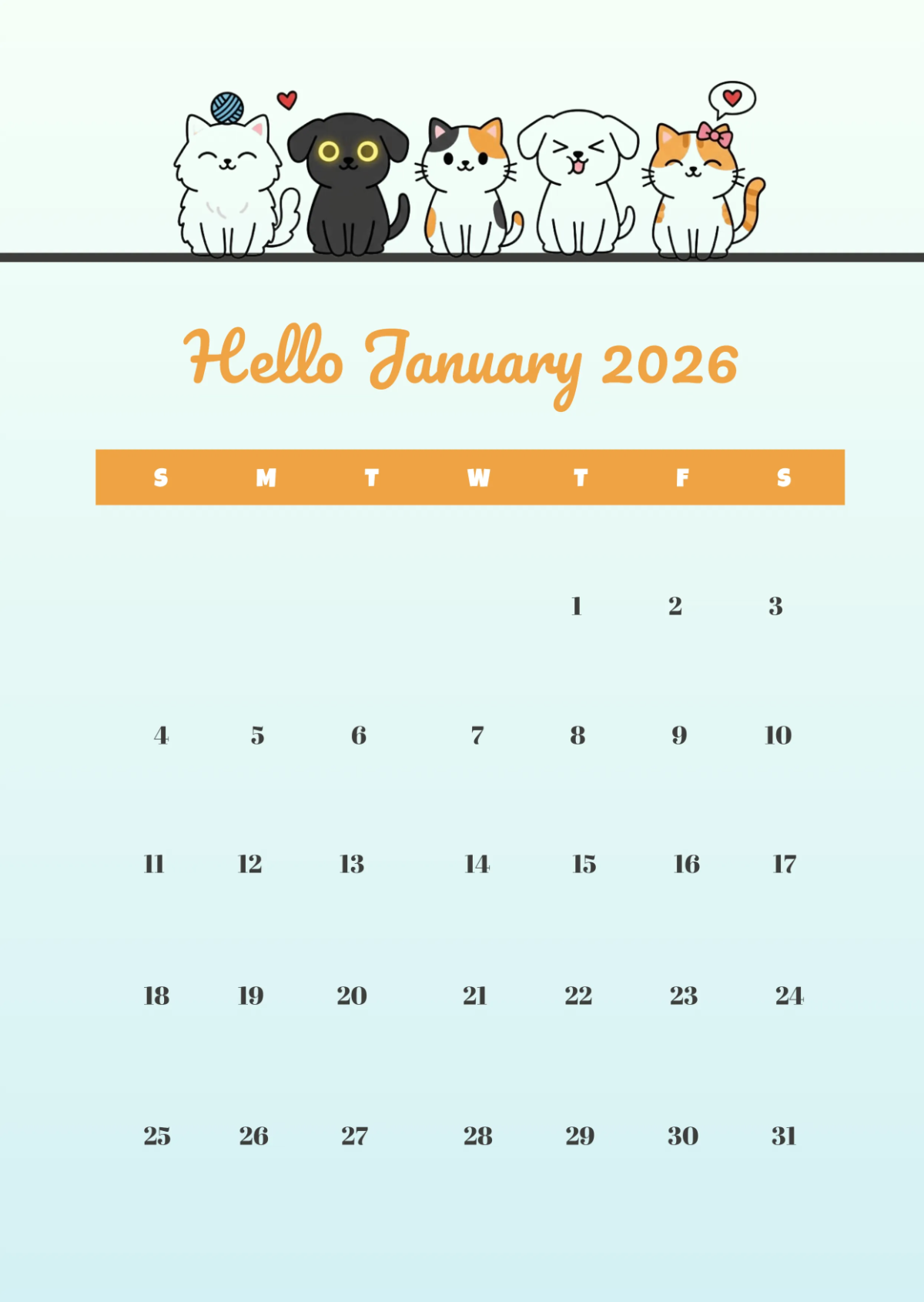 Free Cute January 2026  Calendar Template to Edit Online