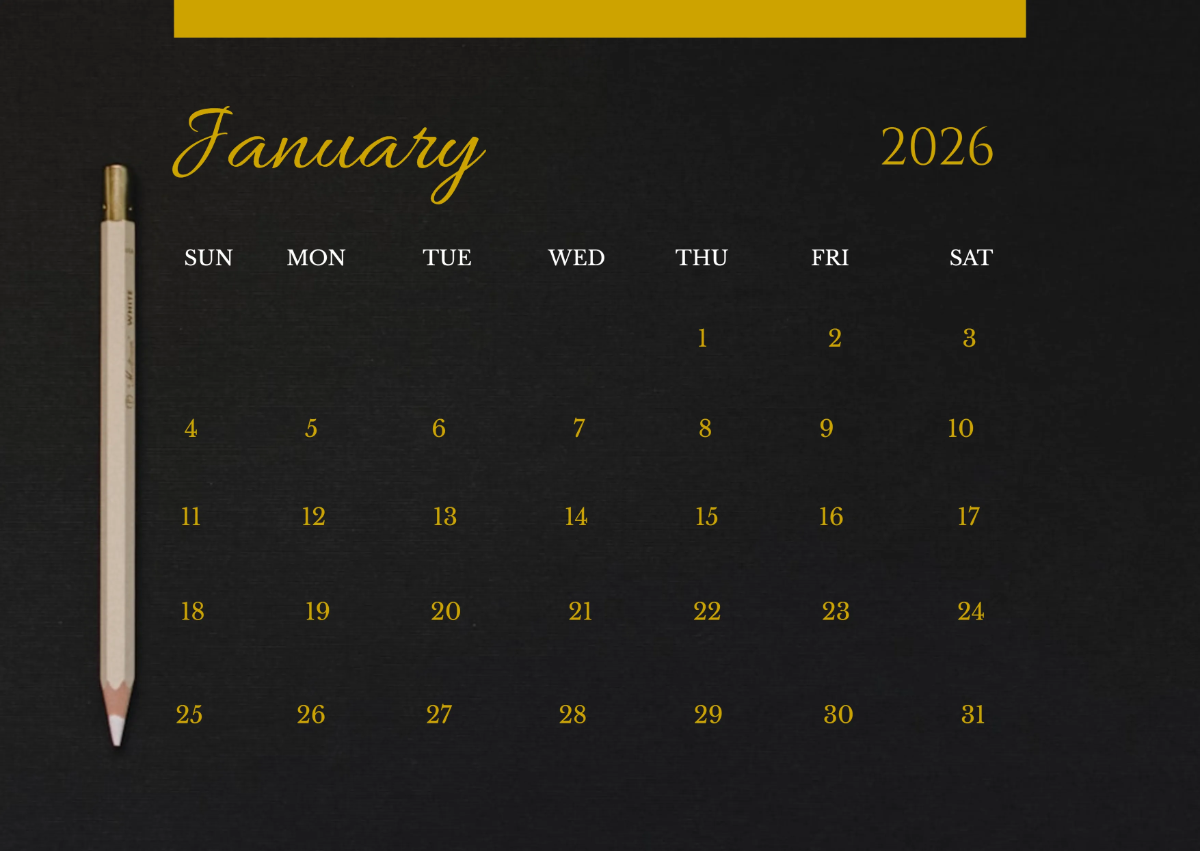Black and Gold January 2026  Calendar Template