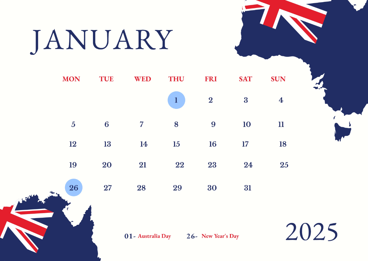 Free January 2026 Australian Holidays Calendar Template to Edit Online Free January 2026 Australian Holidays Calendar Template to Edit Online
