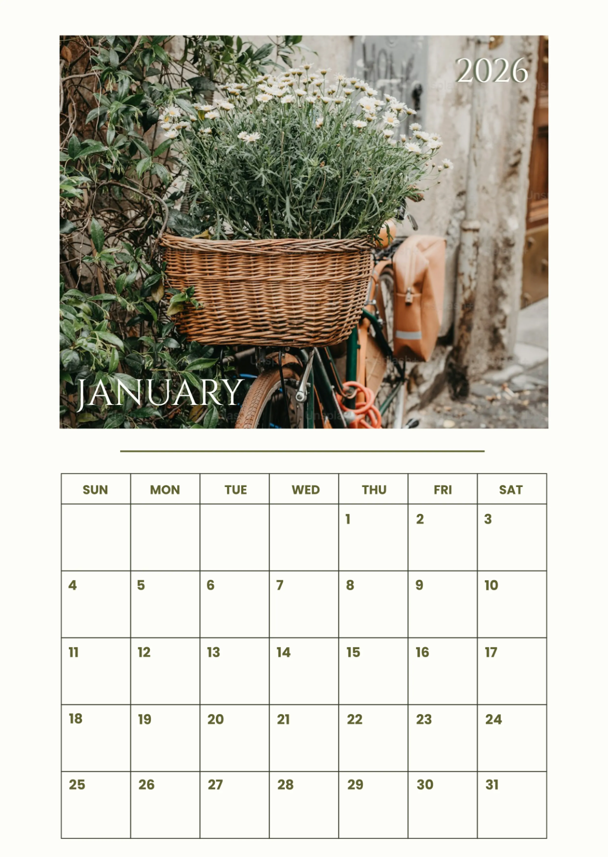 Free January 2026  Wall Calendar Template to Edit Online