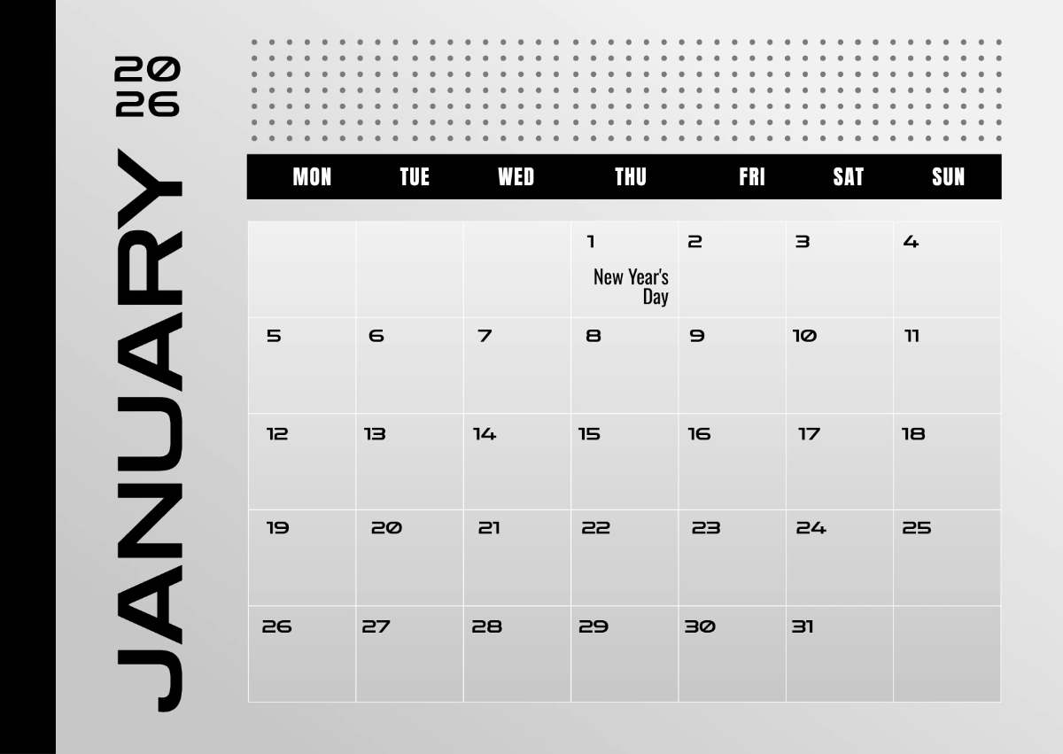 Functional January 2026  Calendar Template