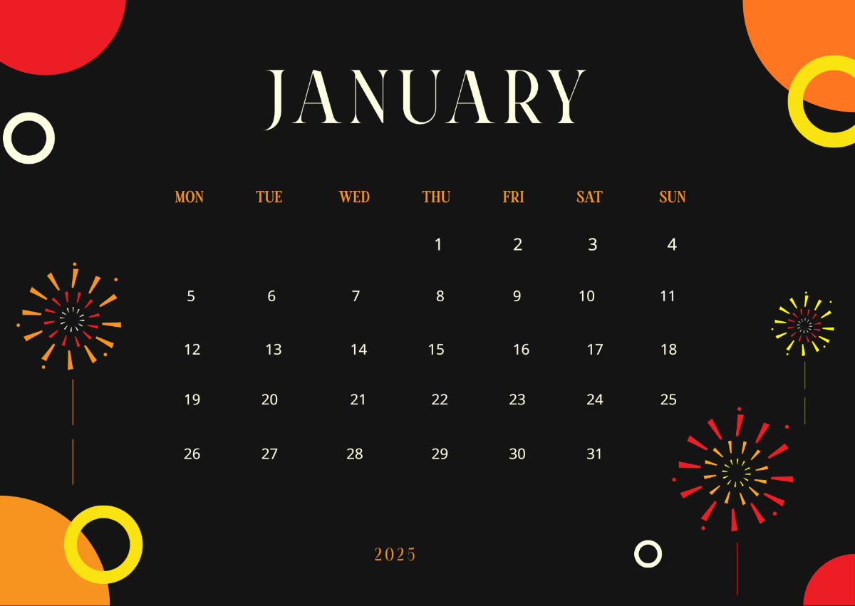 Fireworks January 2026 Calendar Template