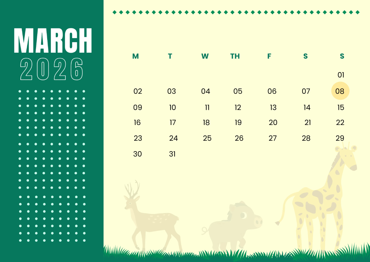 Free Wildlife March 2026 Calendar Template to Edit Online