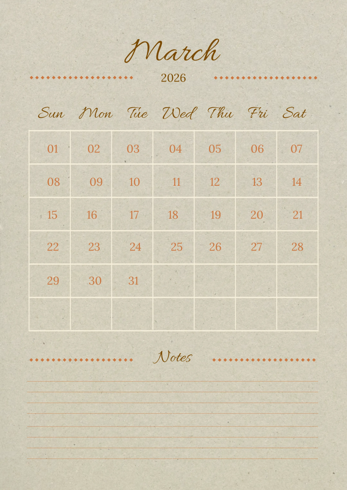 Free March 2026 Calendar With Notes Template to Edit Online